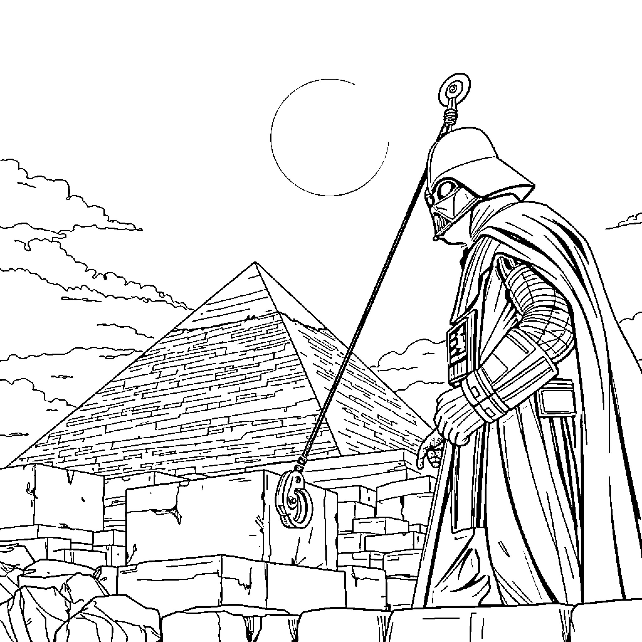 Darth Vader overlooking ancient Egyptian pyramids Coloring Page (free black-and-white line drawing printable PDF for all, from beginners to advanced learners, including children, teens, adults, and seniors)
