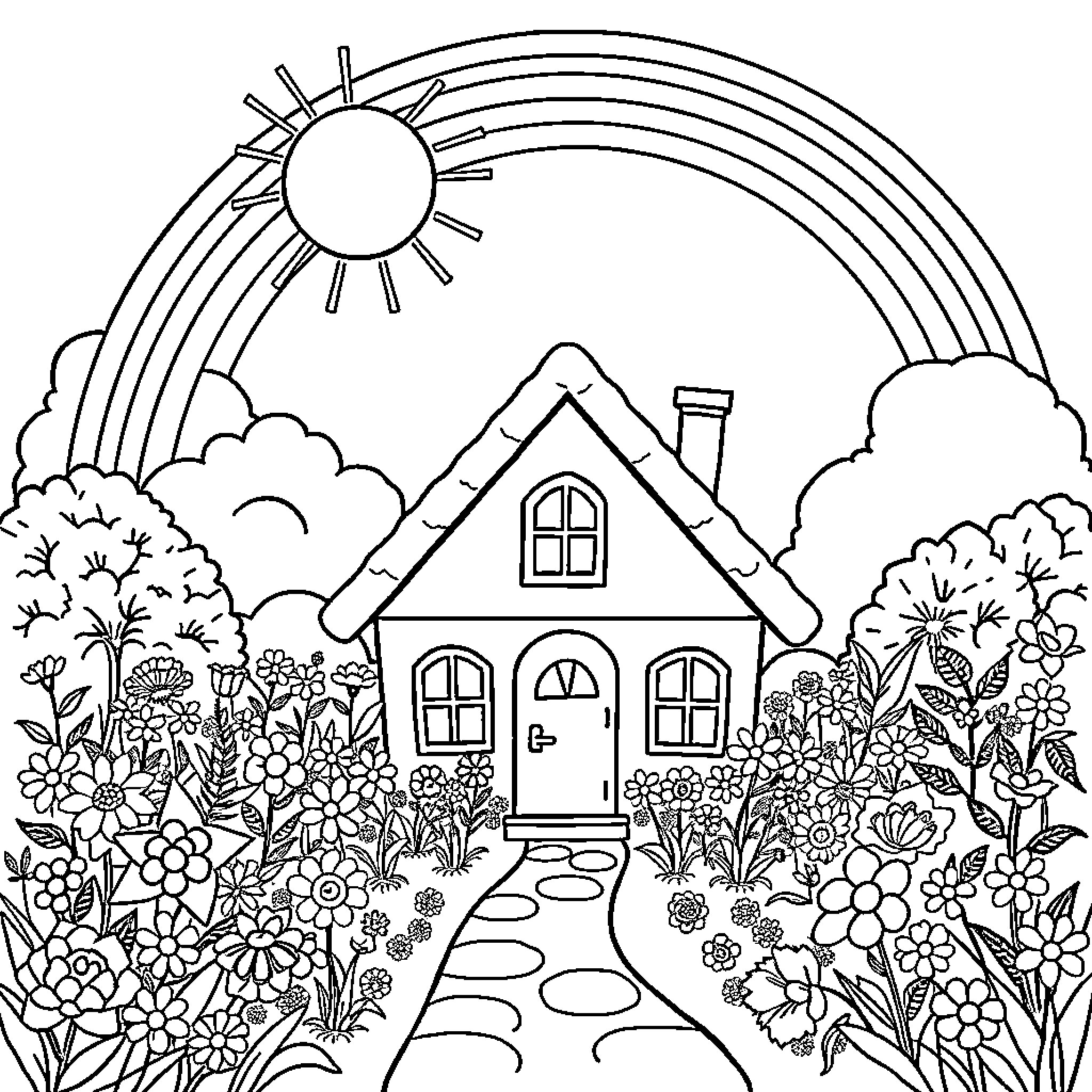 House in a Vibrant Floral Garden Coloring Page (free black-and-white line drawing printable PDF for all, from beginners to advanced learners, including children, teens, adults, and seniors)