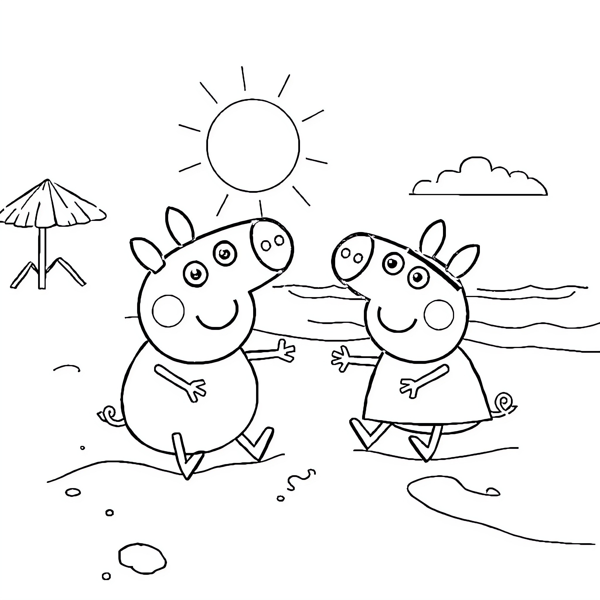 Bluey enjoying a sunny day with friends Coloring Page (free black-and-white line drawing printable PDF for all, from beginners to advanced learners, including children, teens, adults, and seniors)