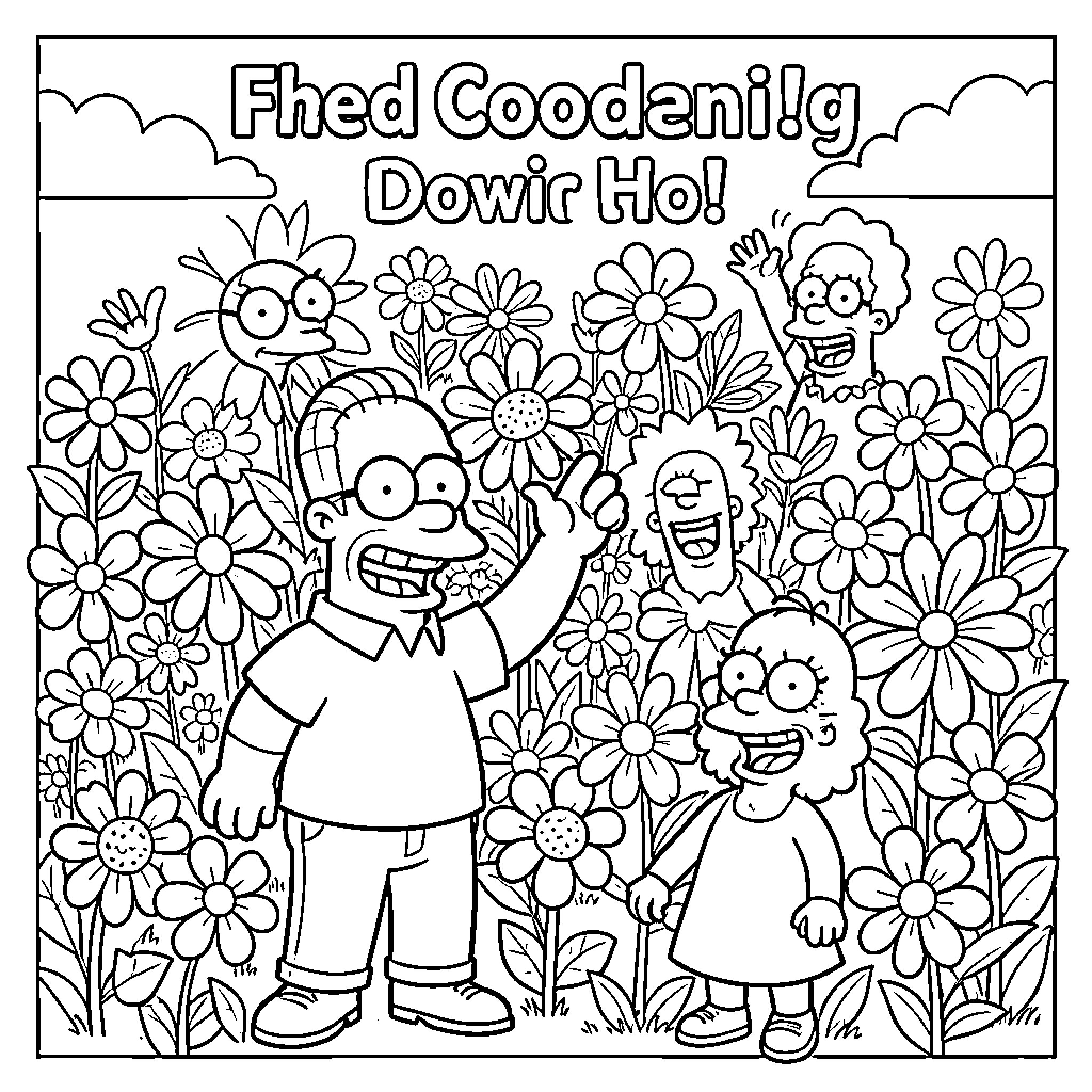 Flower Garden Celebration Coloring Page (free black-and-white line drawing printable PDF for all, from beginners to advanced learners, including children, teens, adults, and seniors)