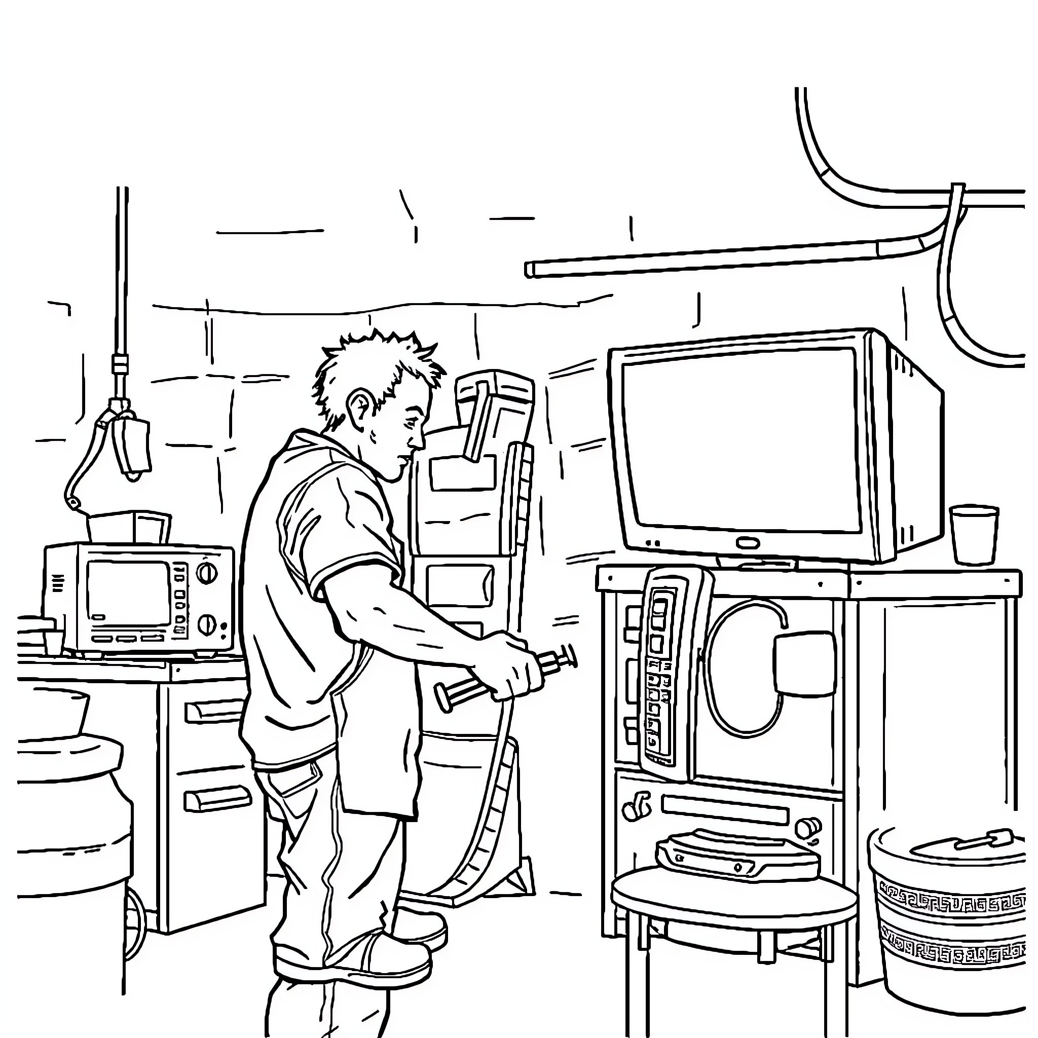 Guy playing video games in messy bedroom Coloring Page (free black-and-white line drawing printable PDF for all, from beginners to advanced learners, including children, teens, adults, and seniors)