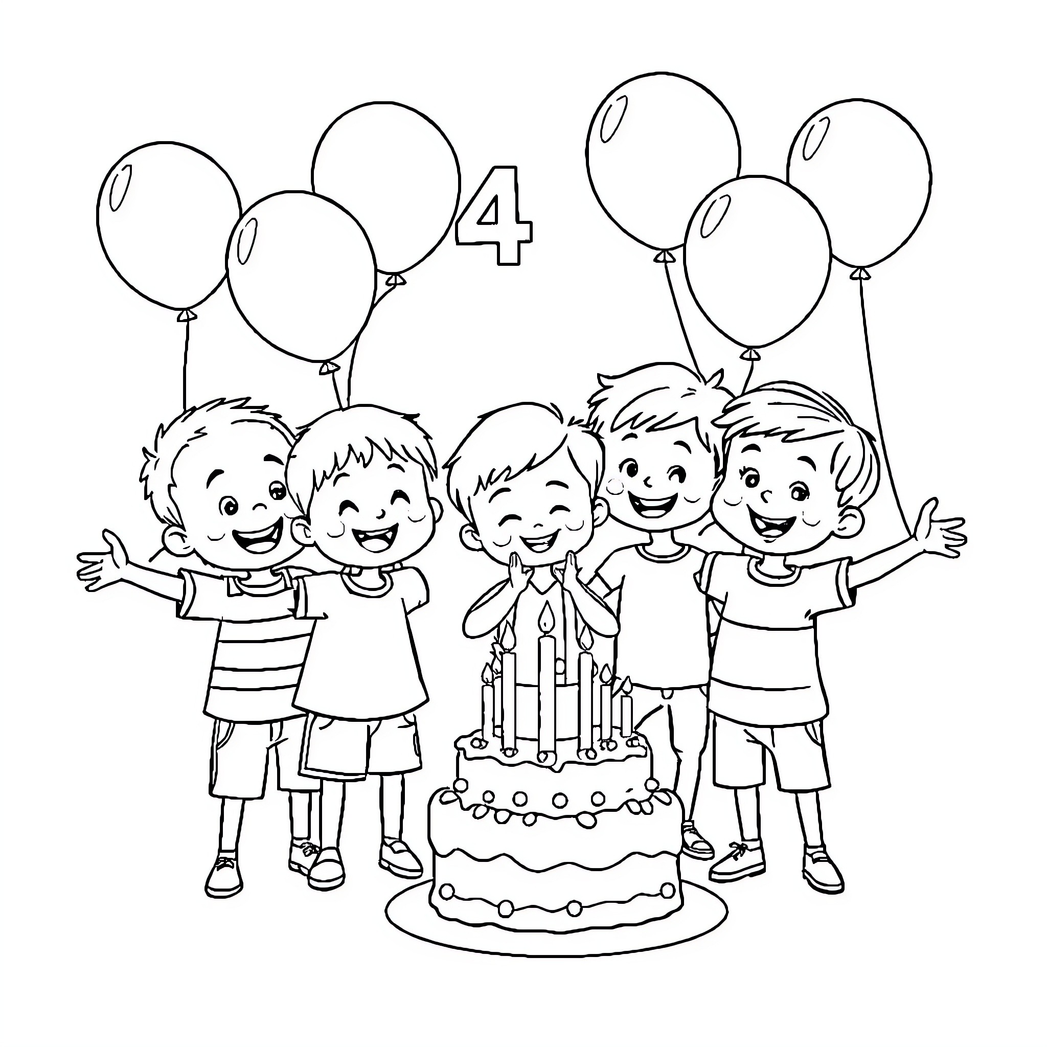 Child celebrating birthday with friends and cake Coloring Page (free black-and-white line drawing printable PDF for all, from beginners to advanced learners, including children, teens, adults, and seniors)