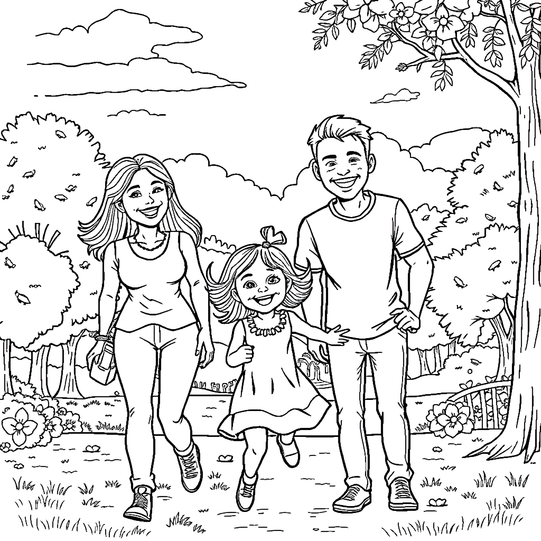 Family enjoying a nature walk in the park Coloring Page (free black-and-white line drawing printable PDF for all, from beginners to advanced learners, including children, teens, adults, and seniors)