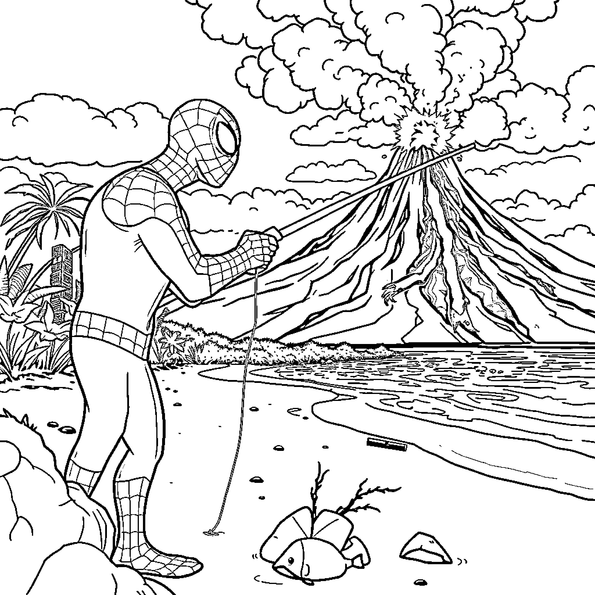 Spiderman exploring an active volcano landscape Coloring Page (free black-and-white line drawing printable PDF for all, from beginners to advanced learners, including children, teens, adults, and seniors)