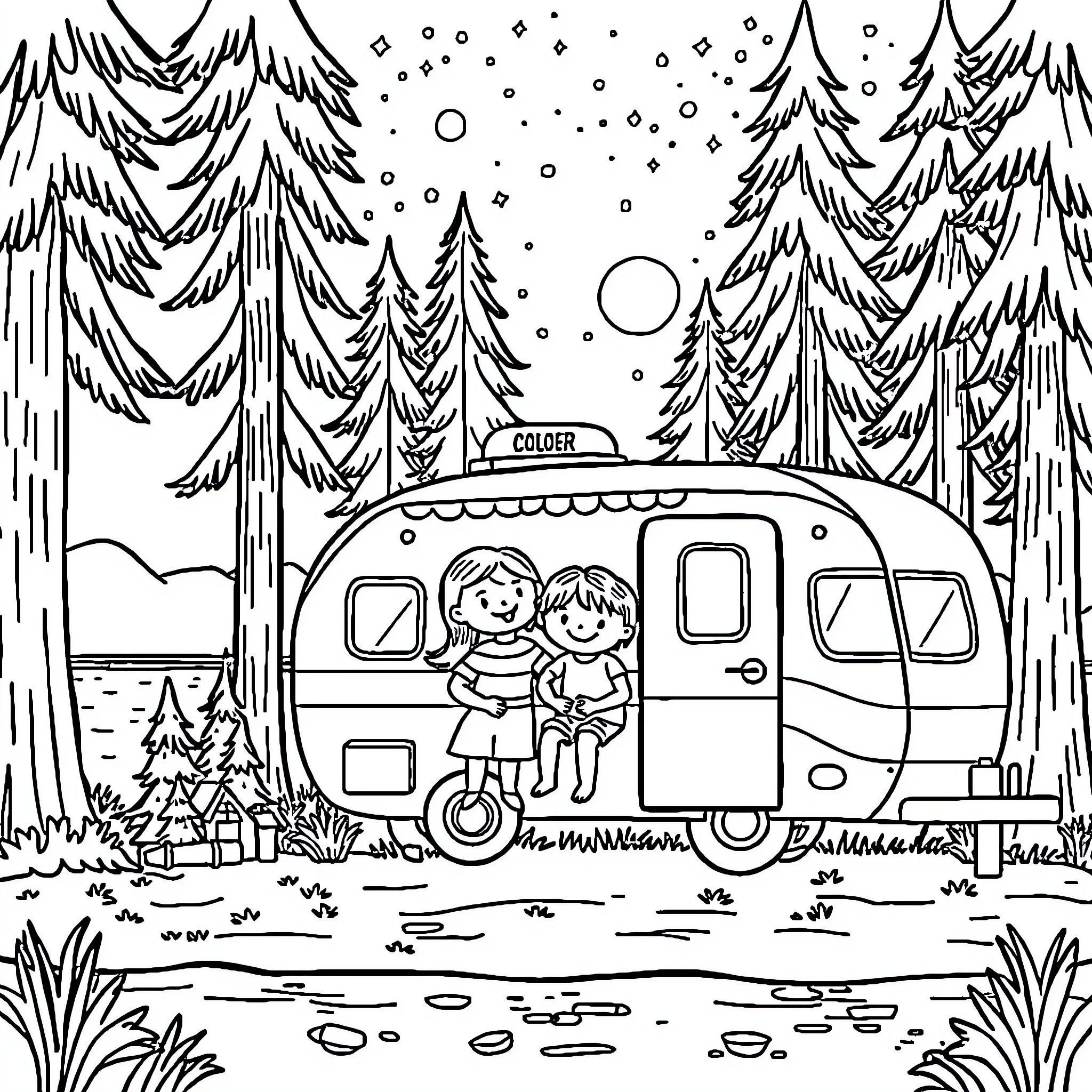 Camper kids enjoying winter wonderland in trailer Coloring Page (free black-and-white line drawing printable PDF for all, from beginners to advanced learners, including children, teens, adults, and seniors)