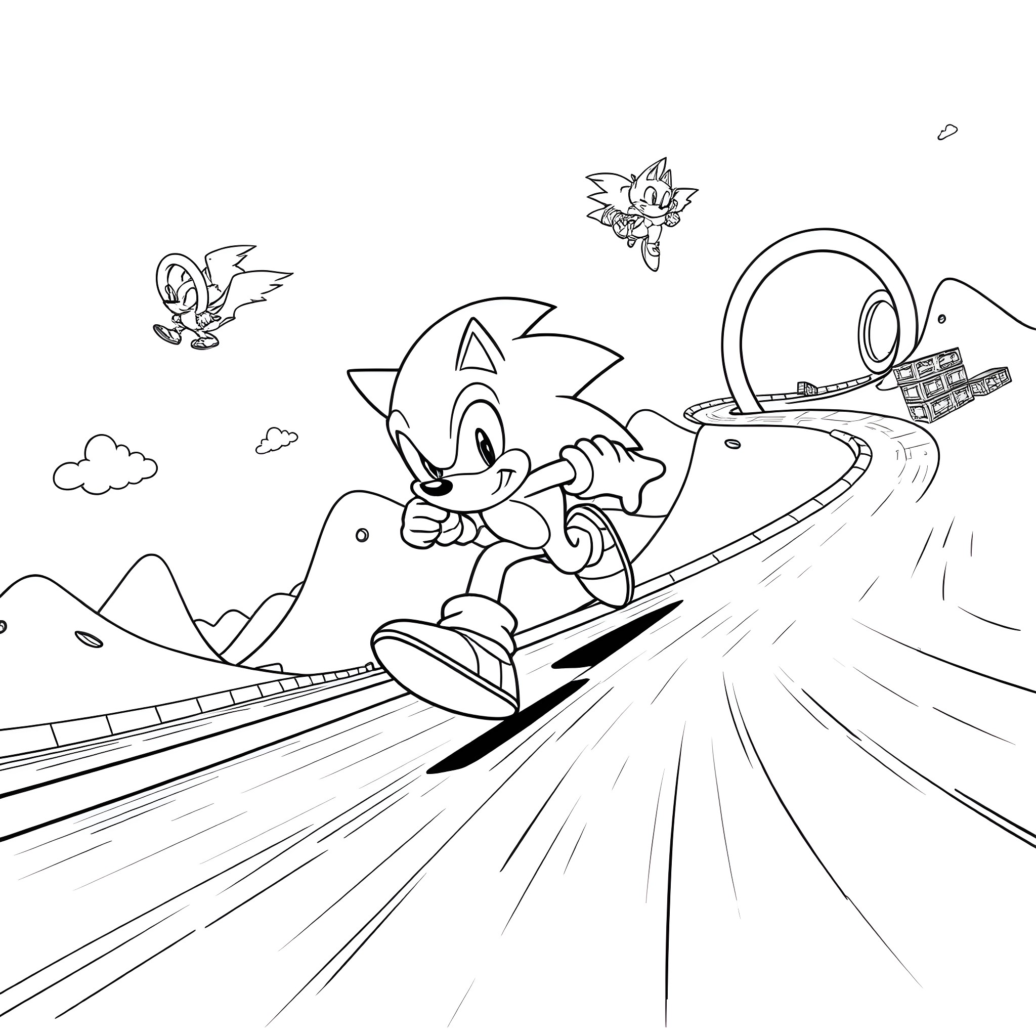 Sonic speeding through an adventurous landscape Coloring Page (free black-and-white line drawing printable PDF for all, from beginners to advanced learners, including children, teens, adults, and seniors)