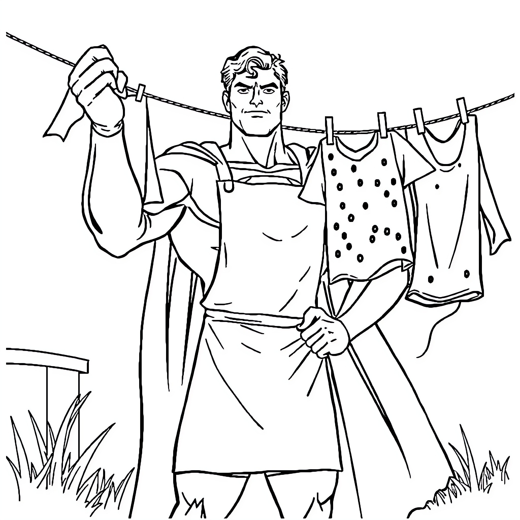 Superman hanging laundry on a clothesline Coloring Page (free black-and-white line drawing printable PDF for all, from beginners to advanced learners, including children, teens, adults, and seniors)