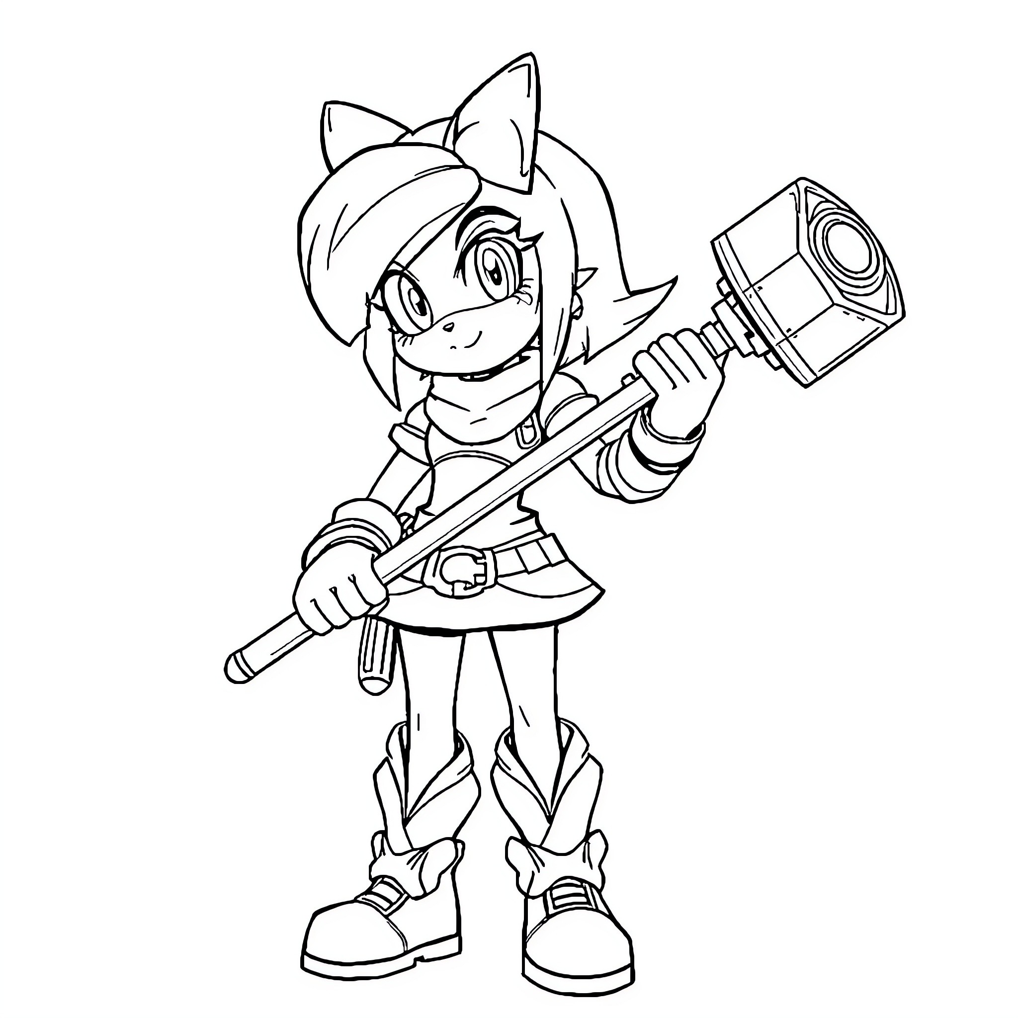 Amy Rose wielding a mallet with determination Coloring Page (free black-and-white line drawing printable PDF for all, from beginners to advanced learners, including children, teens, adults, and seniors)