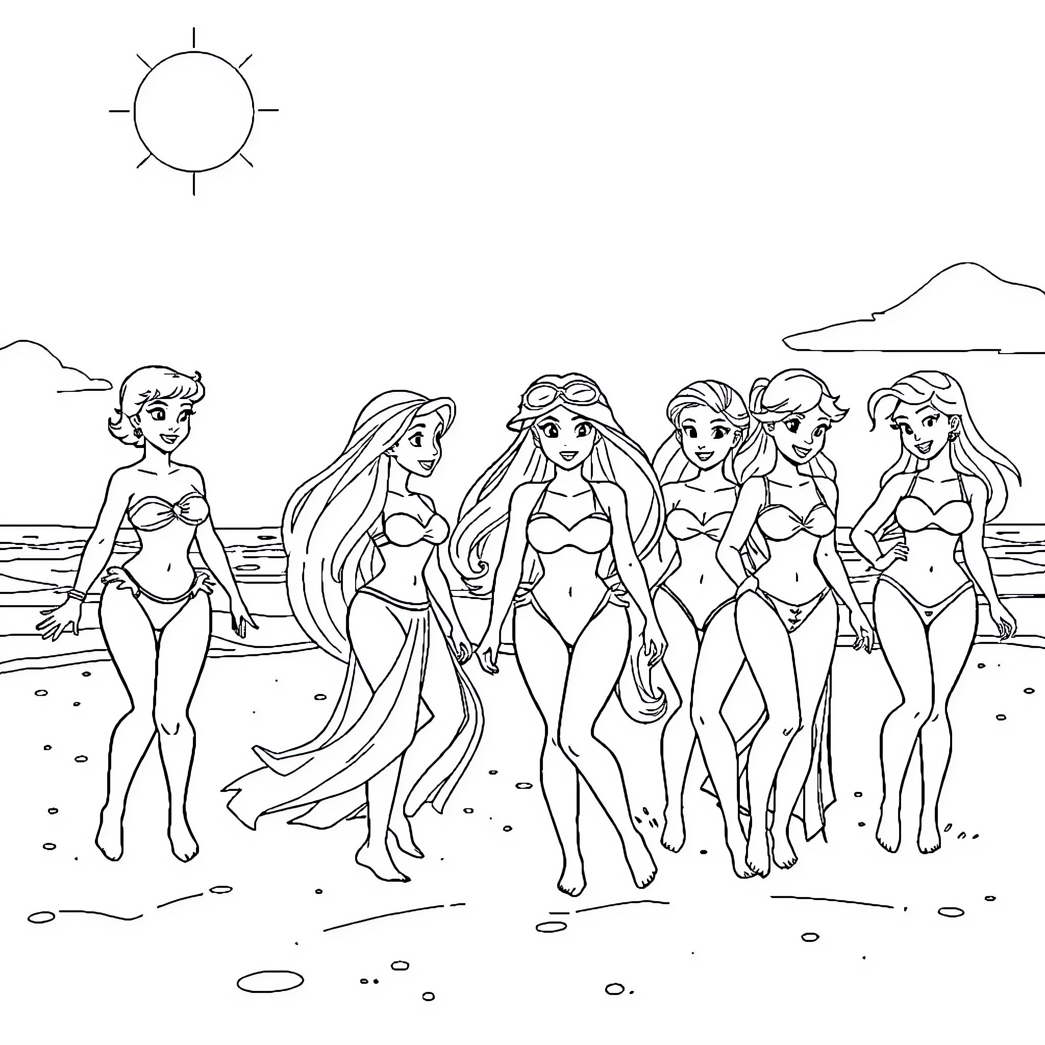 Princess and her friends enjoying the beach Coloring Page (free black-and-white line drawing printable PDF for all, from beginners to advanced learners, including children, teens, adults, and seniors)