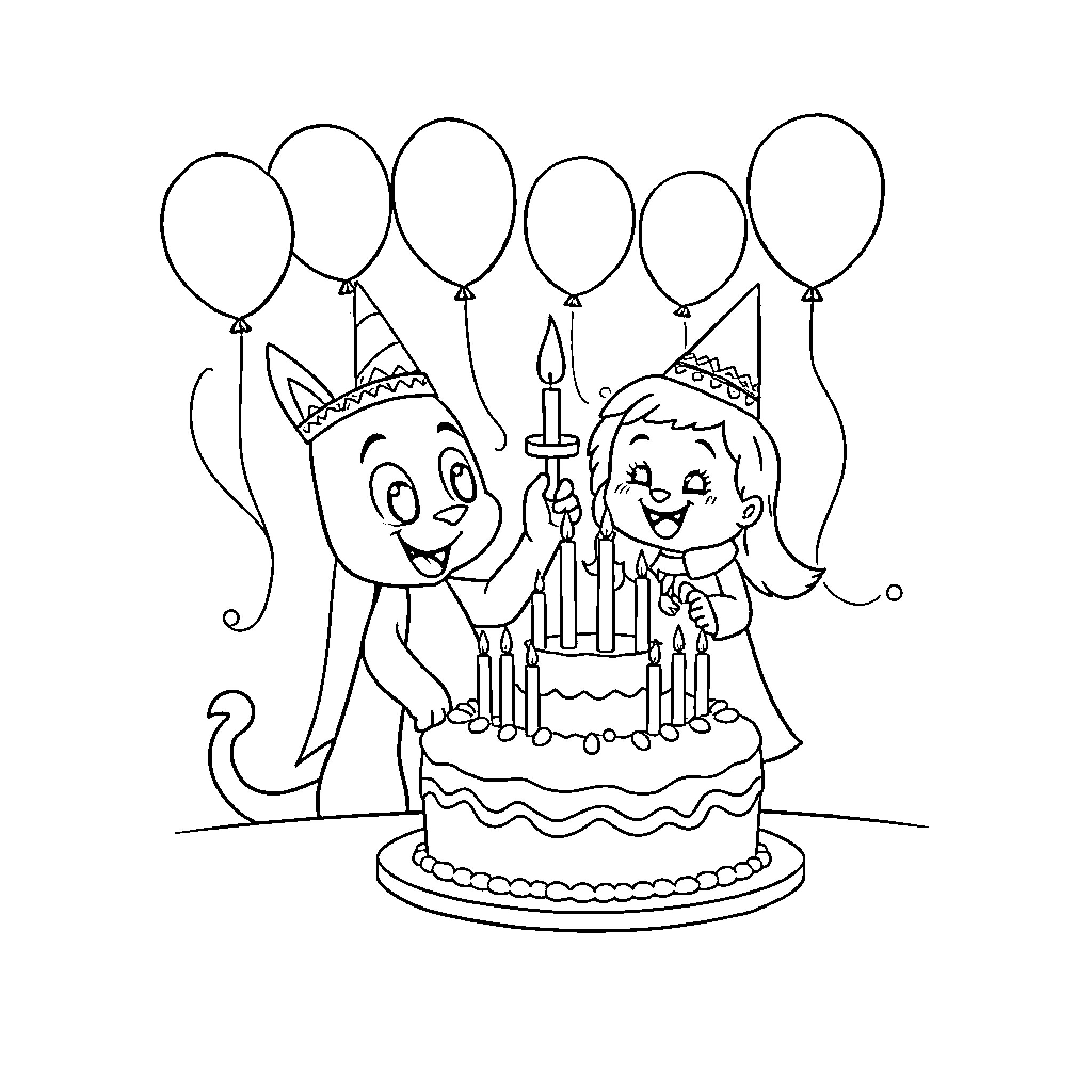 Bluey's Birthday Celebration with Friends Coloring Page (free black-and-white line drawing printable PDF for all, from beginners to advanced learners, including children, teens, adults, and seniors)
