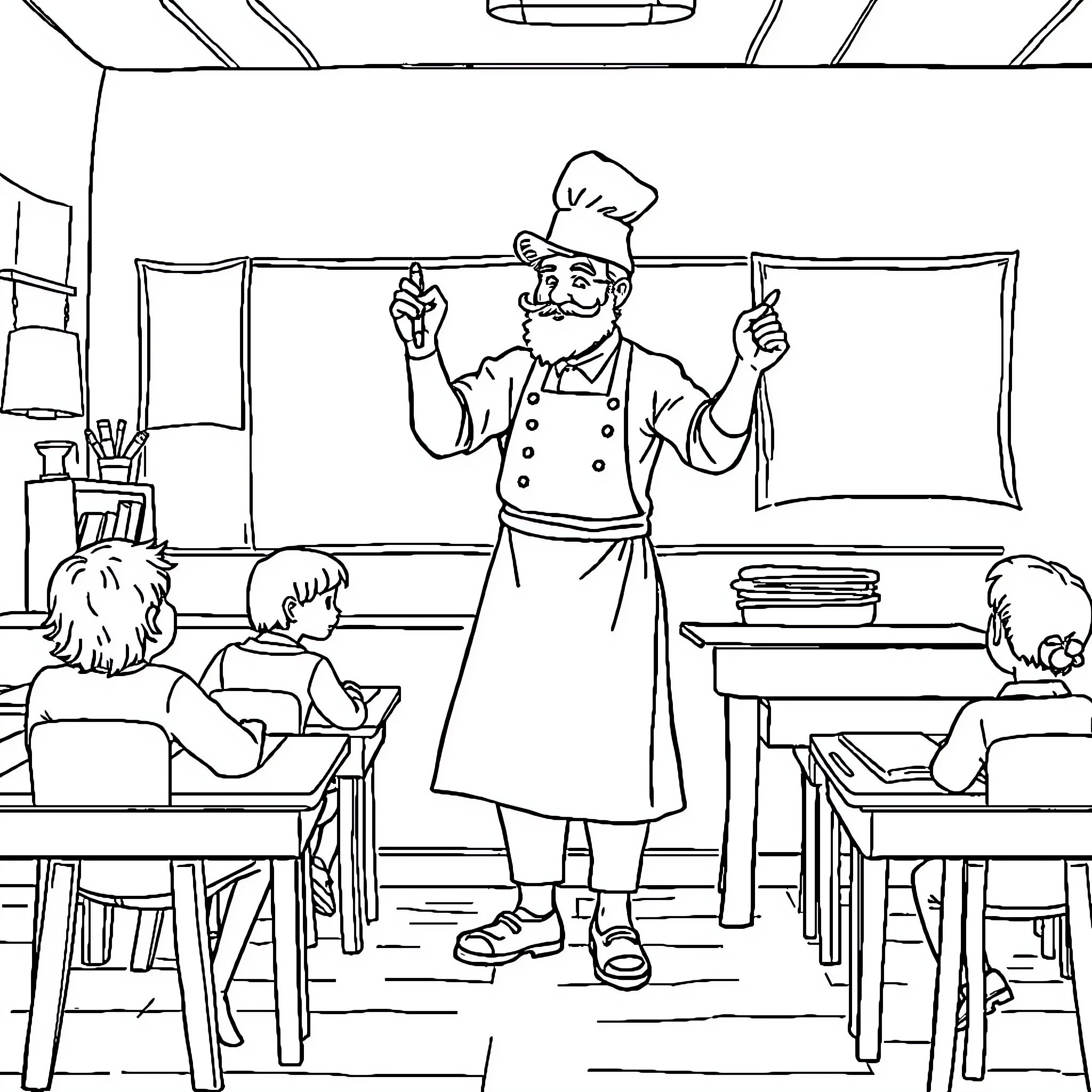 Maestra teaching attentive students in the classroom Coloring Page (free black-and-white line drawing printable PDF for all, from beginners to advanced learners, including children, teens, adults, and seniors)
