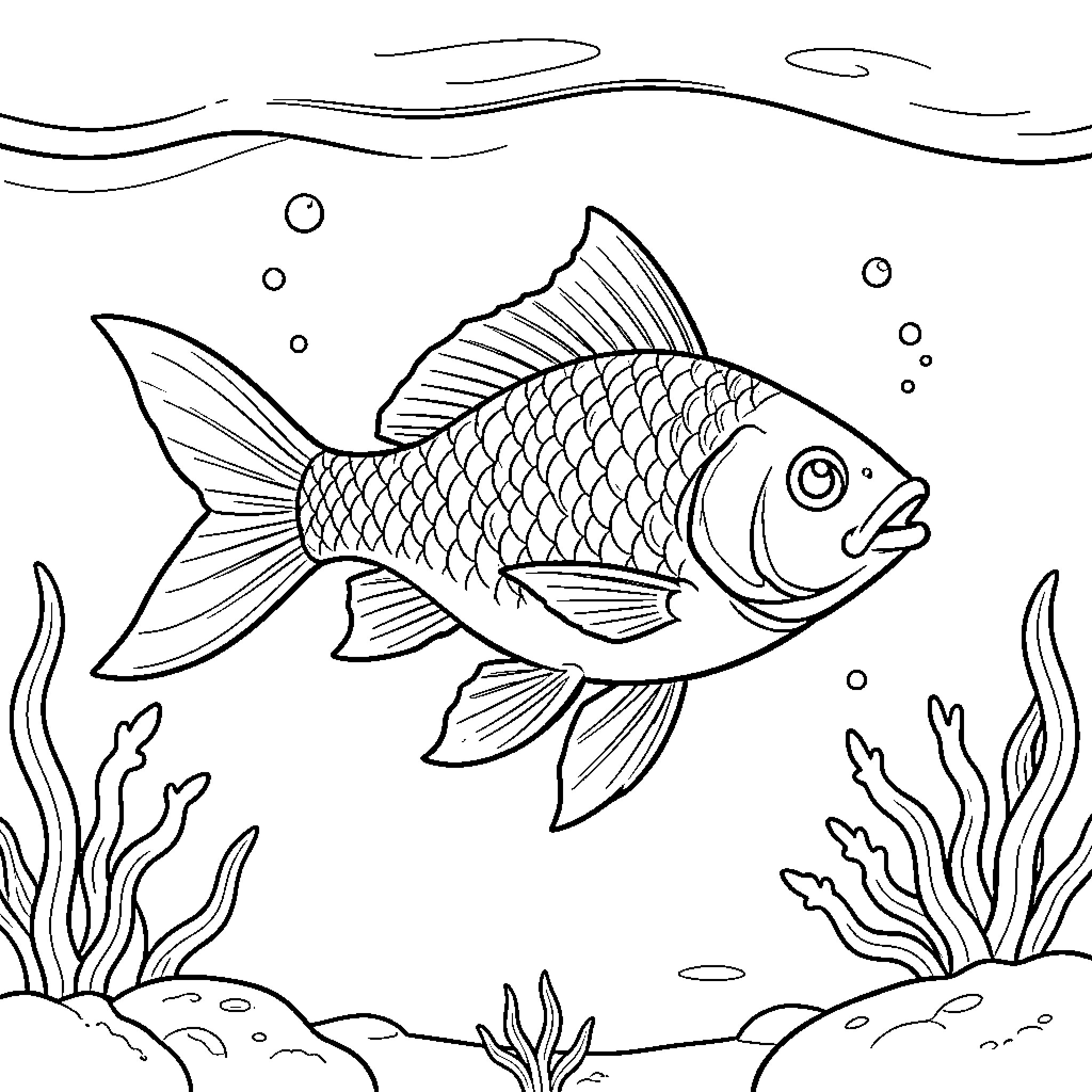 Fish swimming in an underwater scene Coloring Page (free black-and-white line drawing printable PDF for all, from beginners to advanced learners, including children, teens, adults, and seniors)