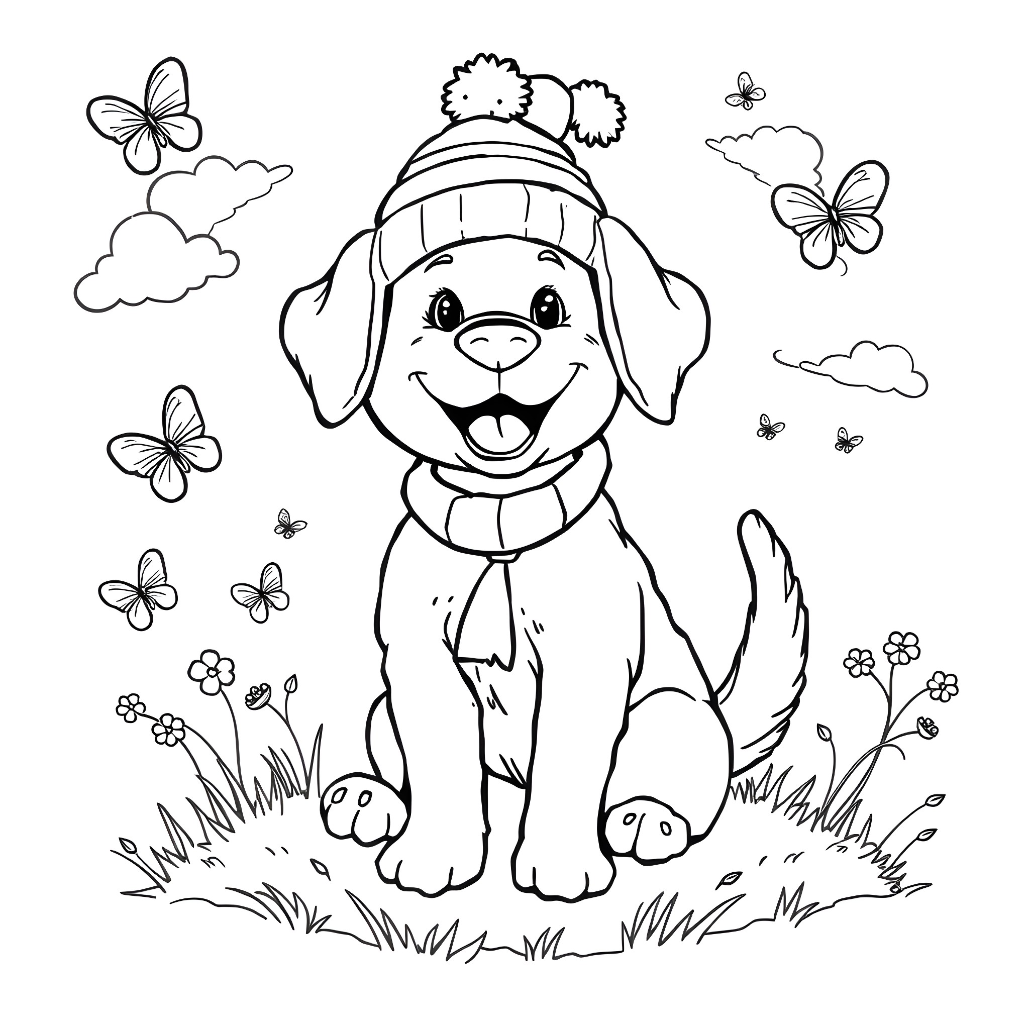 Dog enjoying nature with butterflies Coloring Page (free black-and-white line drawing printable PDF for all, from beginners to advanced learners, including children, teens, adults, and seniors)