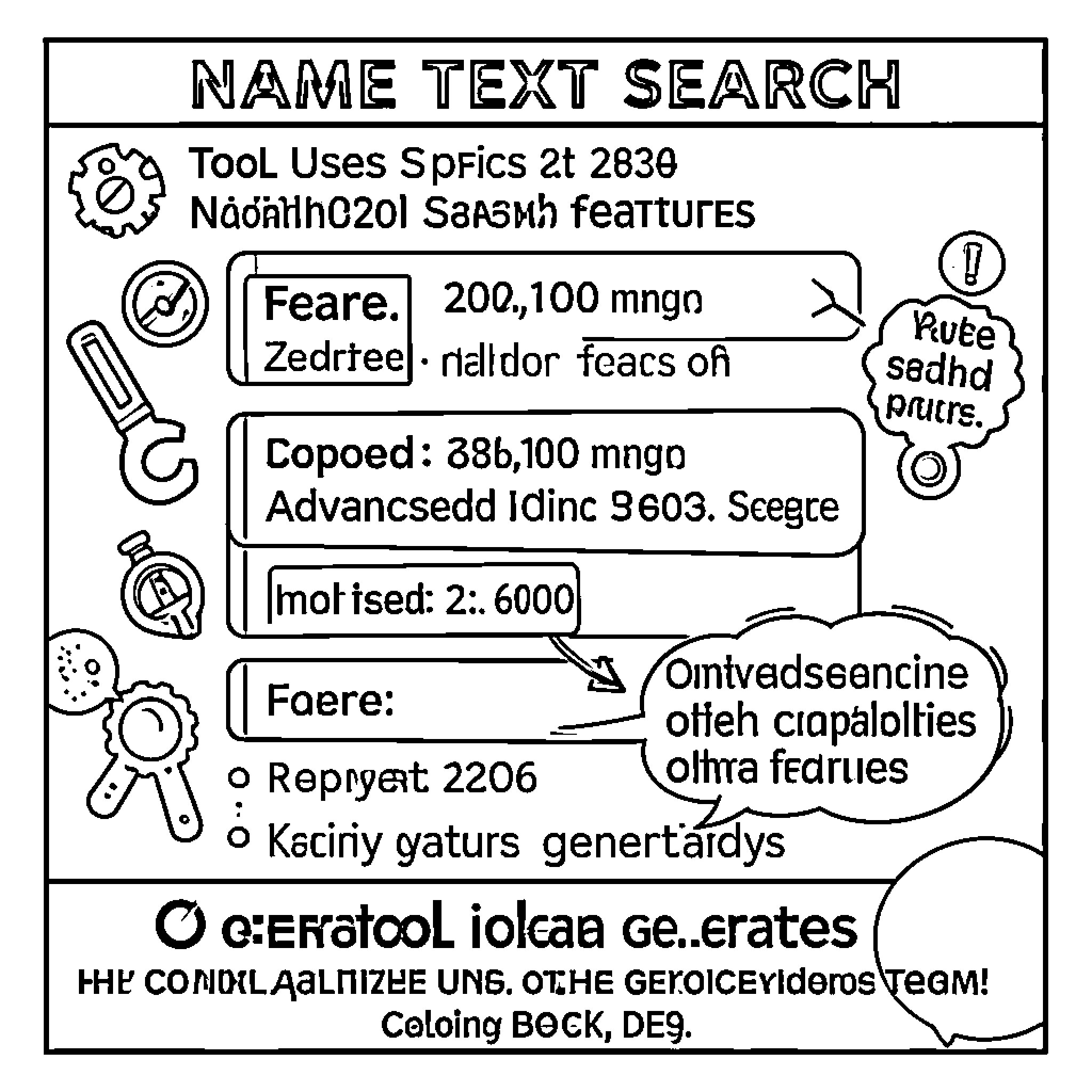 Search Tool Explores Text-Based Features and Capabilities Coloring Page (free black-and-white line drawing printable PDF for all, from beginners to advanced learners, including children, teens, adults, and seniors)