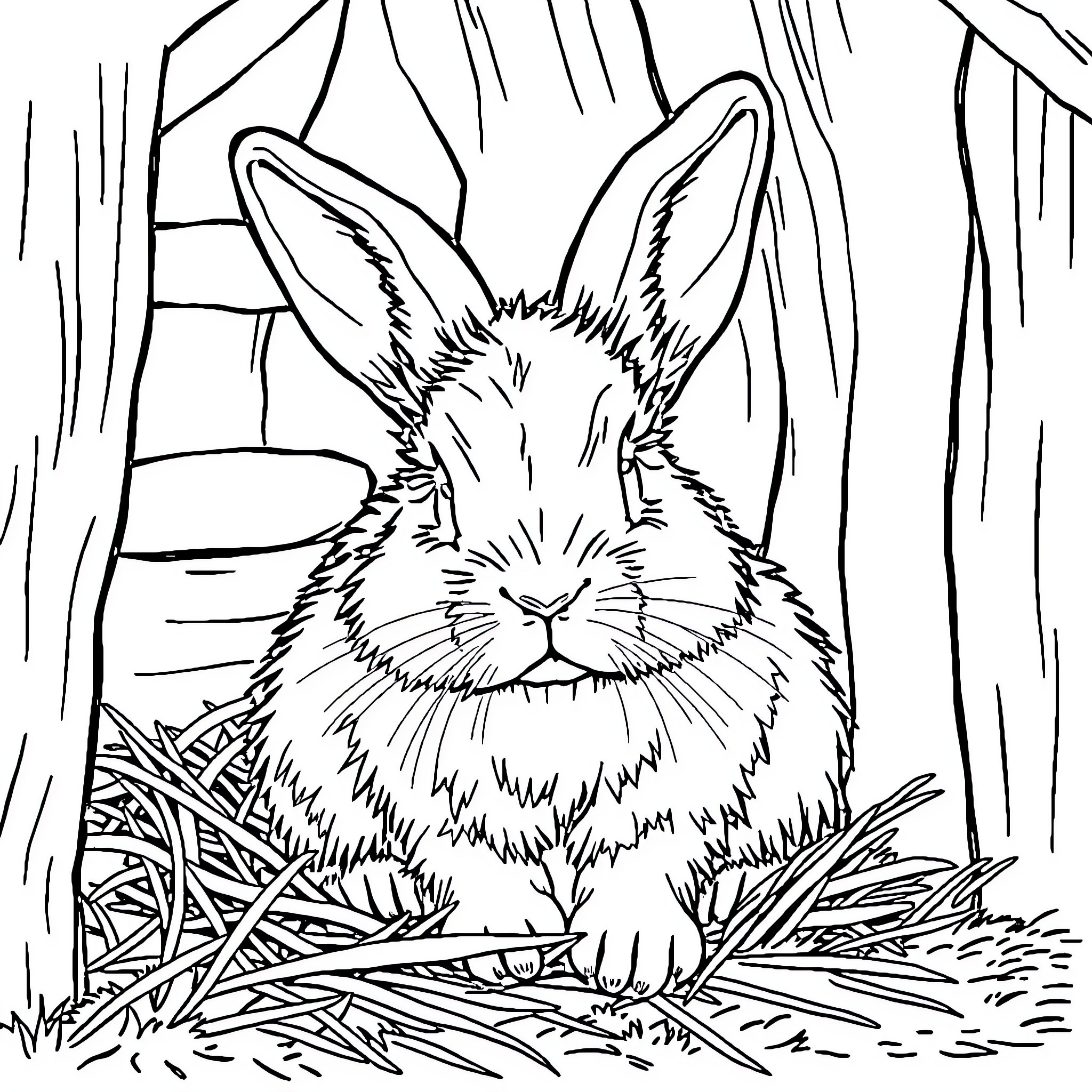 Rabbit resting peacefully in the forest Coloring Page (free black-and-white line drawing printable PDF for all, from beginners to advanced learners, including children, teens, adults, and seniors)