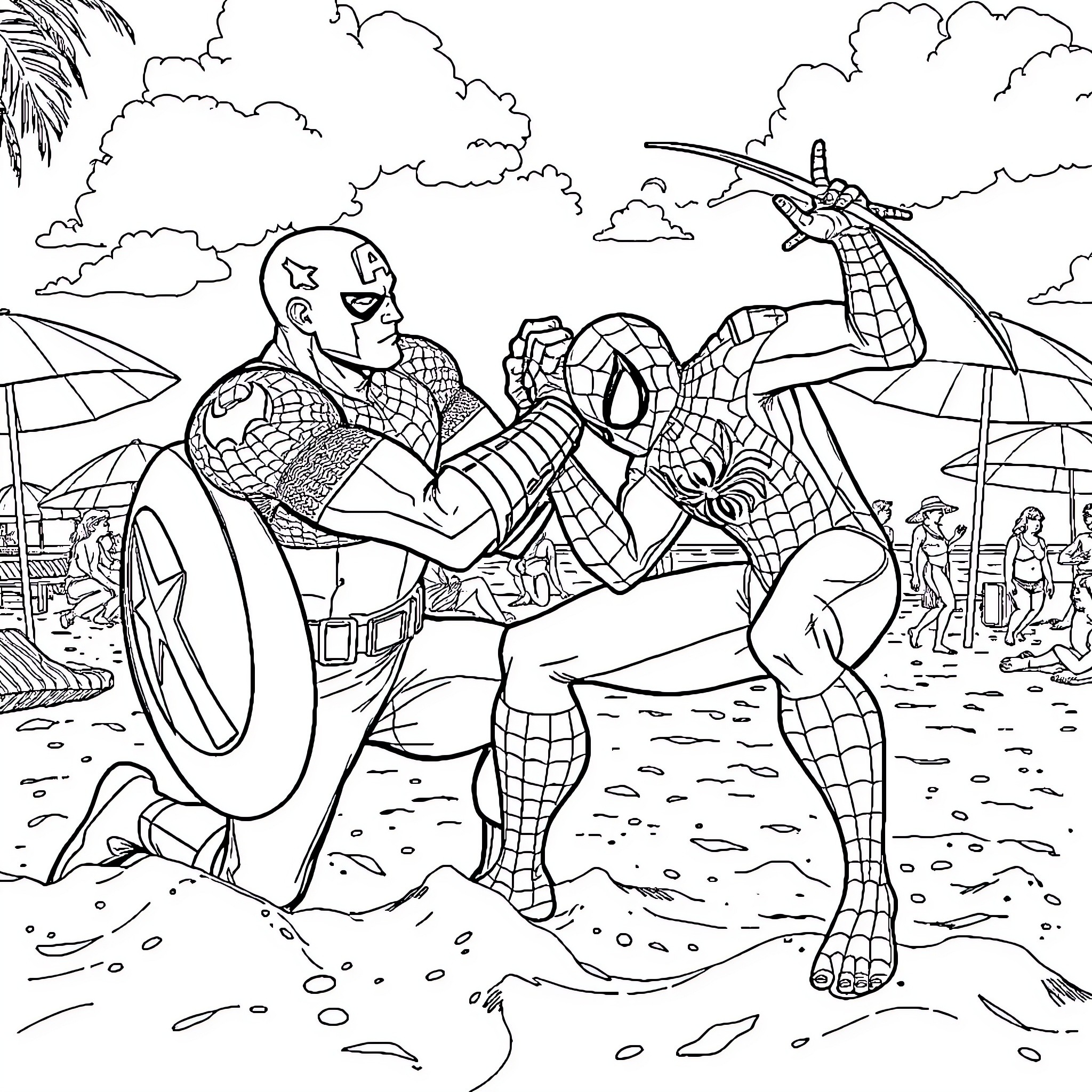 Captain America and Spider-Man Battling on the Beach Coloring Page (free black-and-white line drawing printable PDF for all, from beginners to advanced learners, including children, teens, adults, and seniors)