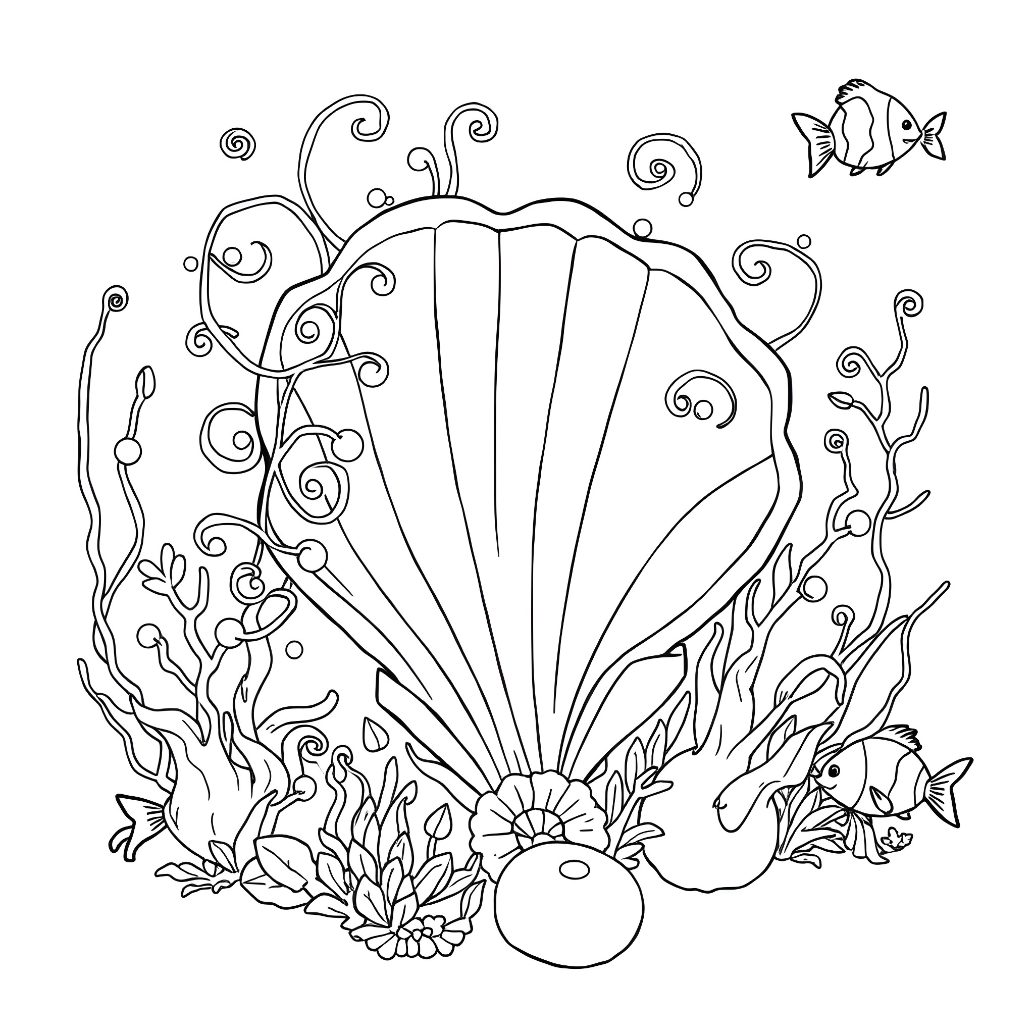 Seashell surrounded by marine life Coloring Page (free black-and-white line drawing printable PDF for all, from beginners to advanced learners, including children, teens, adults, and seniors)