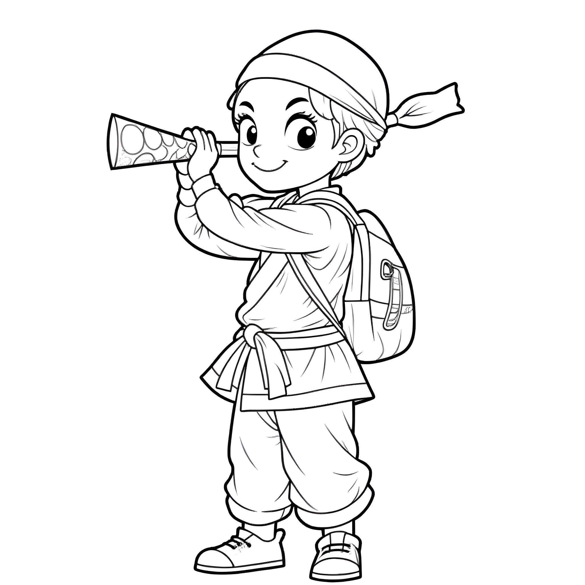 Ninja explorer with binoculars on an adventure Coloring Page (free black-and-white line drawing printable PDF for all, from beginners to advanced learners, including children, teens, adults, and seniors)