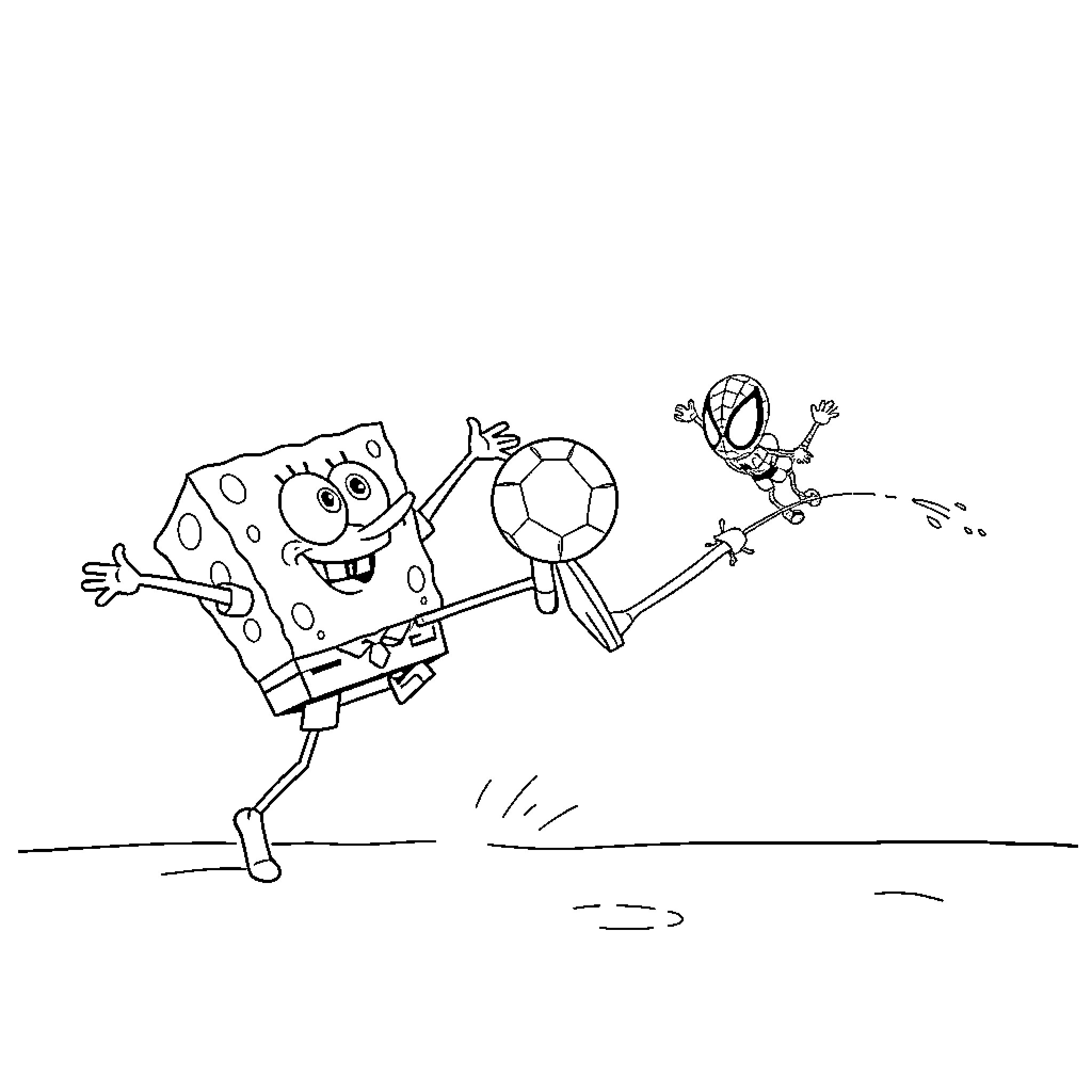 Spongebob playing soccer and chasing a friend Coloring Page (free black-and-white line drawing printable PDF for all, from beginners to advanced learners, including children, teens, adults, and seniors)