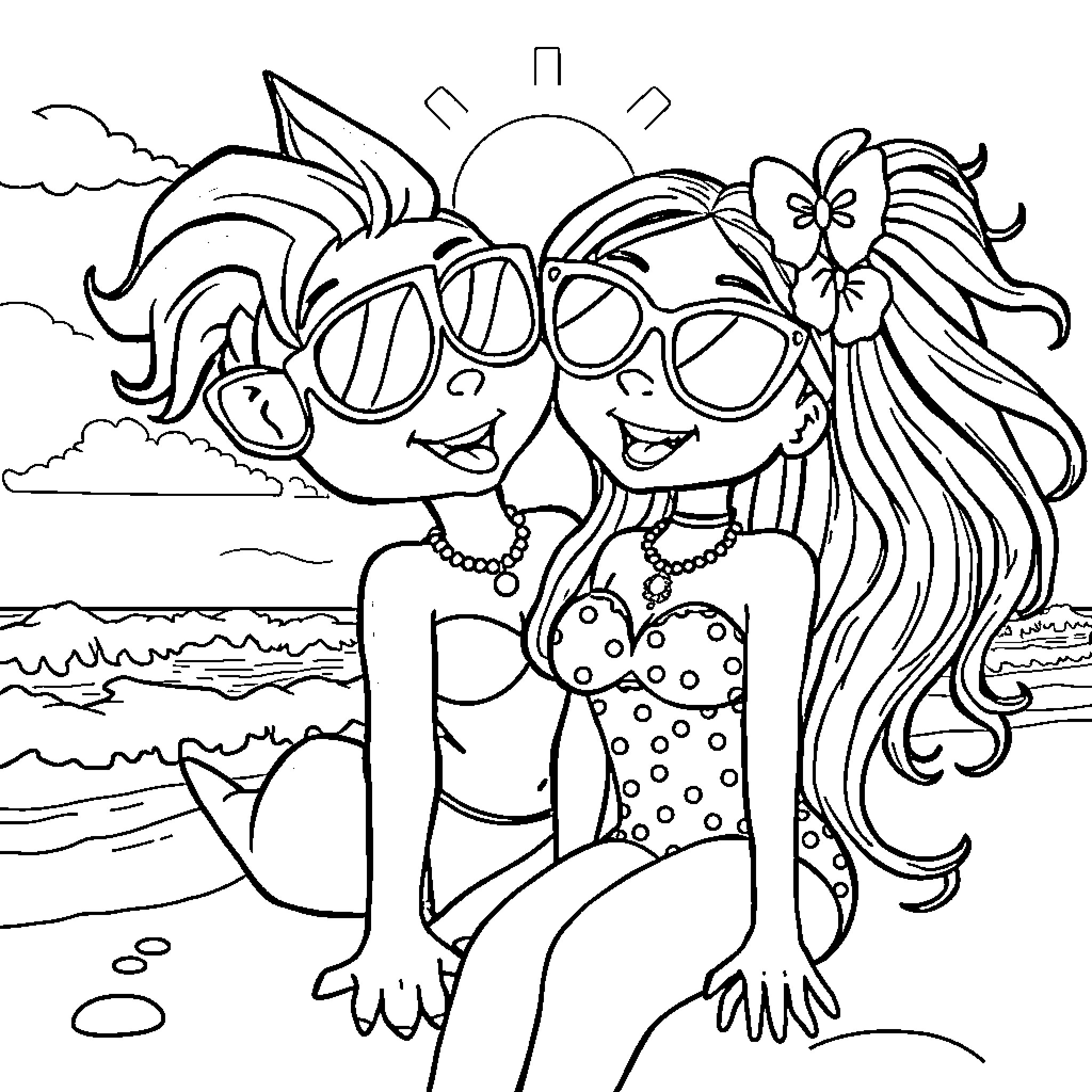 Bluey and Friends at the Beach Coloring Page (free black-and-white line drawing printable PDF for all, from beginners to advanced learners, including children, teens, adults, and seniors)