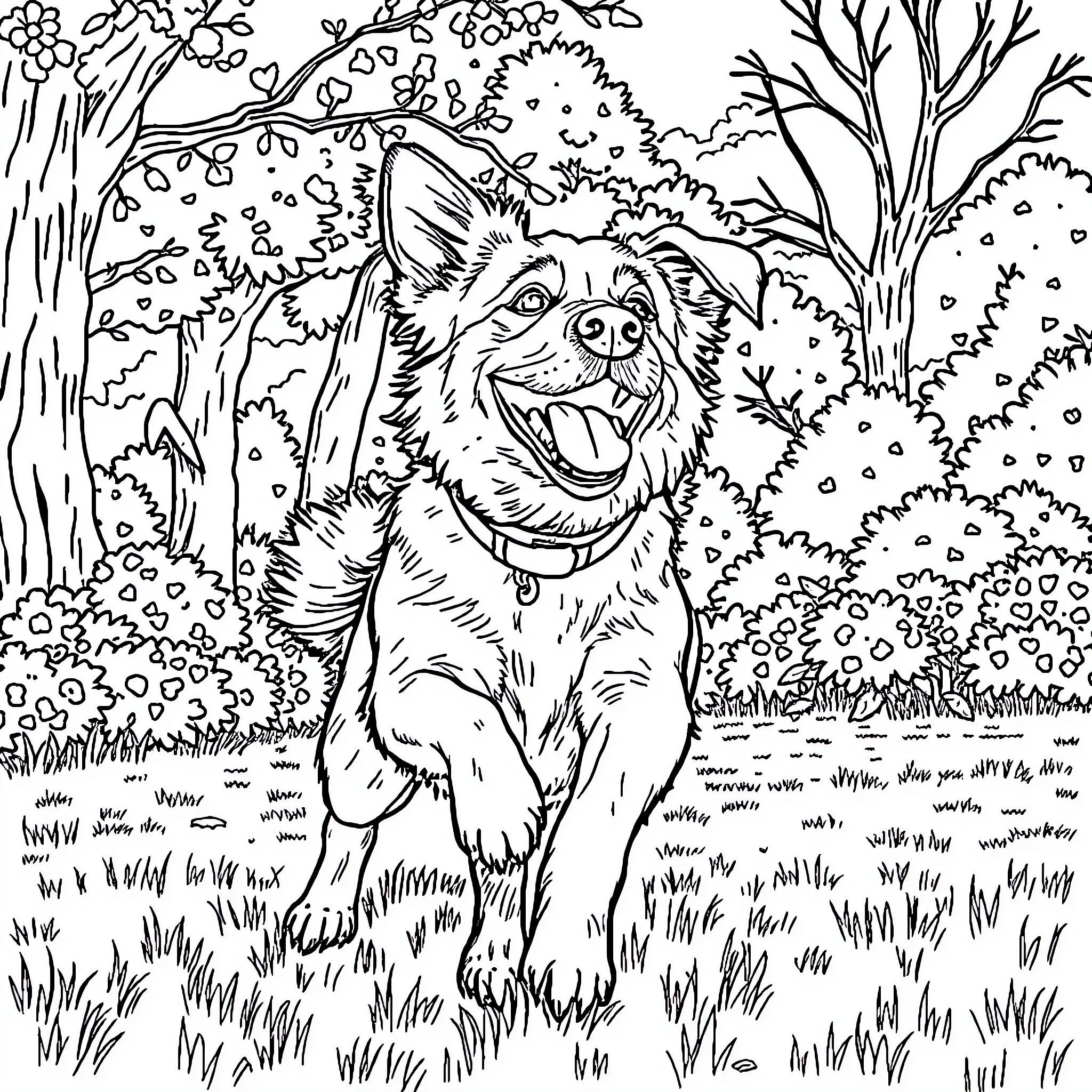 Dog playing joyfully in the forest Coloring Page (free black-and-white line drawing printable PDF for all, from beginners to advanced learners, including children, teens, adults, and seniors)