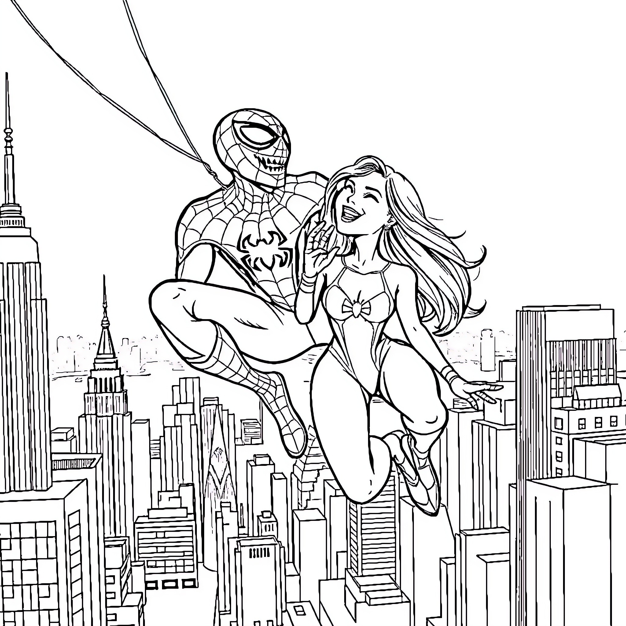 Spiderman saving a woman in the city Coloring Page (free black-and-white line drawing printable PDF for all, from beginners to advanced learners, including children, teens, adults, and seniors)