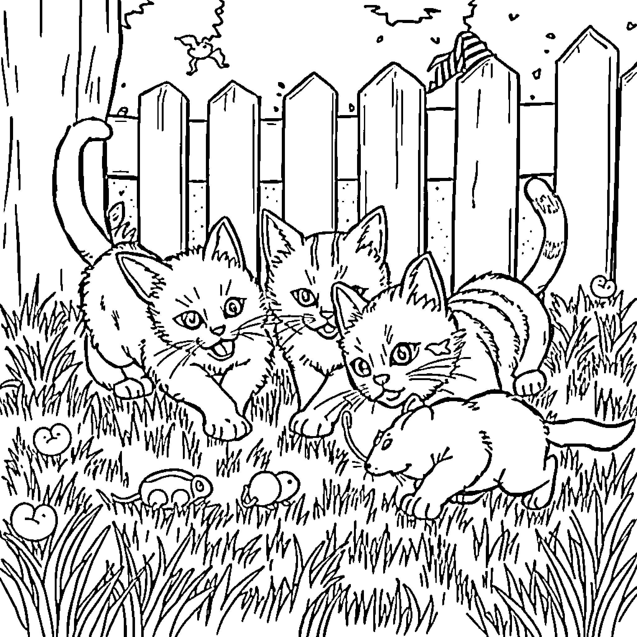 Cats playing in the garden Coloring Page (free black-and-white line drawing printable PDF for all, from beginners to advanced learners, including children, teens, adults, and seniors)