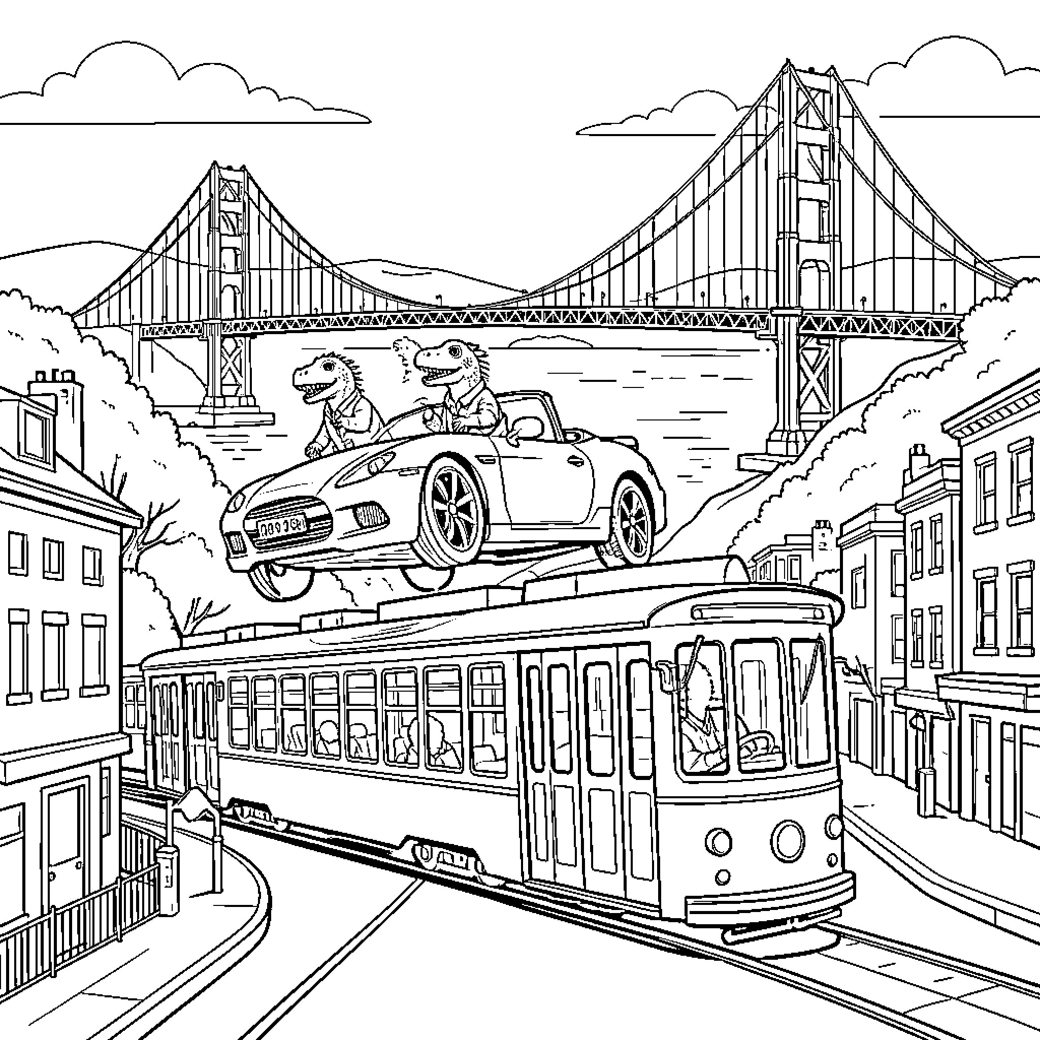 Convertible driven by dinosaurs traveling through a city Coloring Page (free black-and-white line drawing printable PDF for all, from beginners to advanced learners, including children, teens, adults, and seniors)