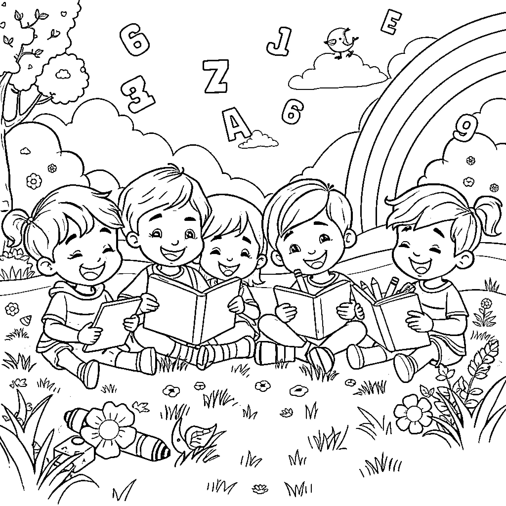 Kid friends reading books together in nature Coloring Page (free black-and-white line drawing printable PDF for all, from beginners to advanced learners, including children, teens, adults, and seniors)
