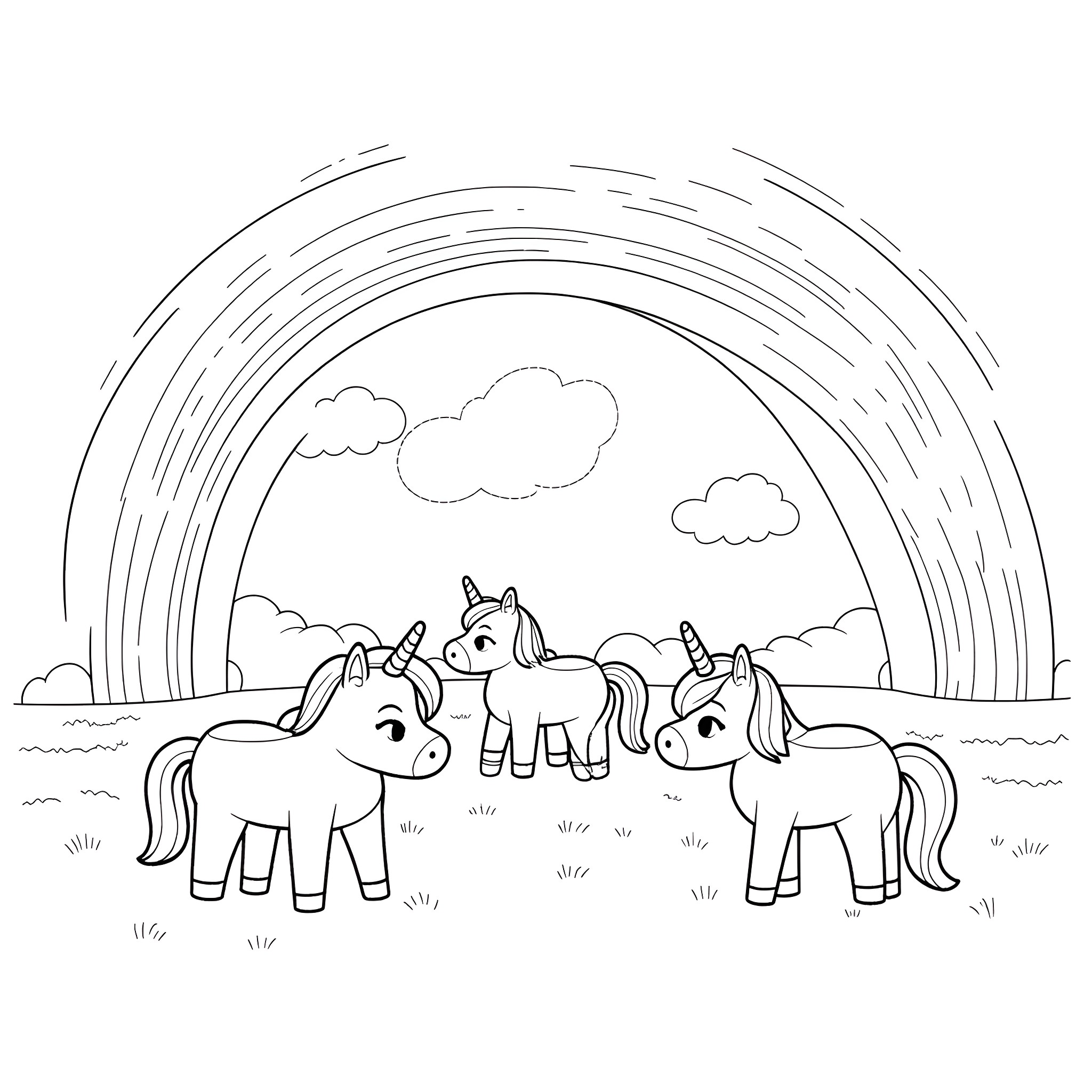 Unicorn friends enjoying the rainbow meadow Coloring Page (free black-and-white line drawing printable PDF for all, from beginners to advanced learners, including children, teens, adults, and seniors)
