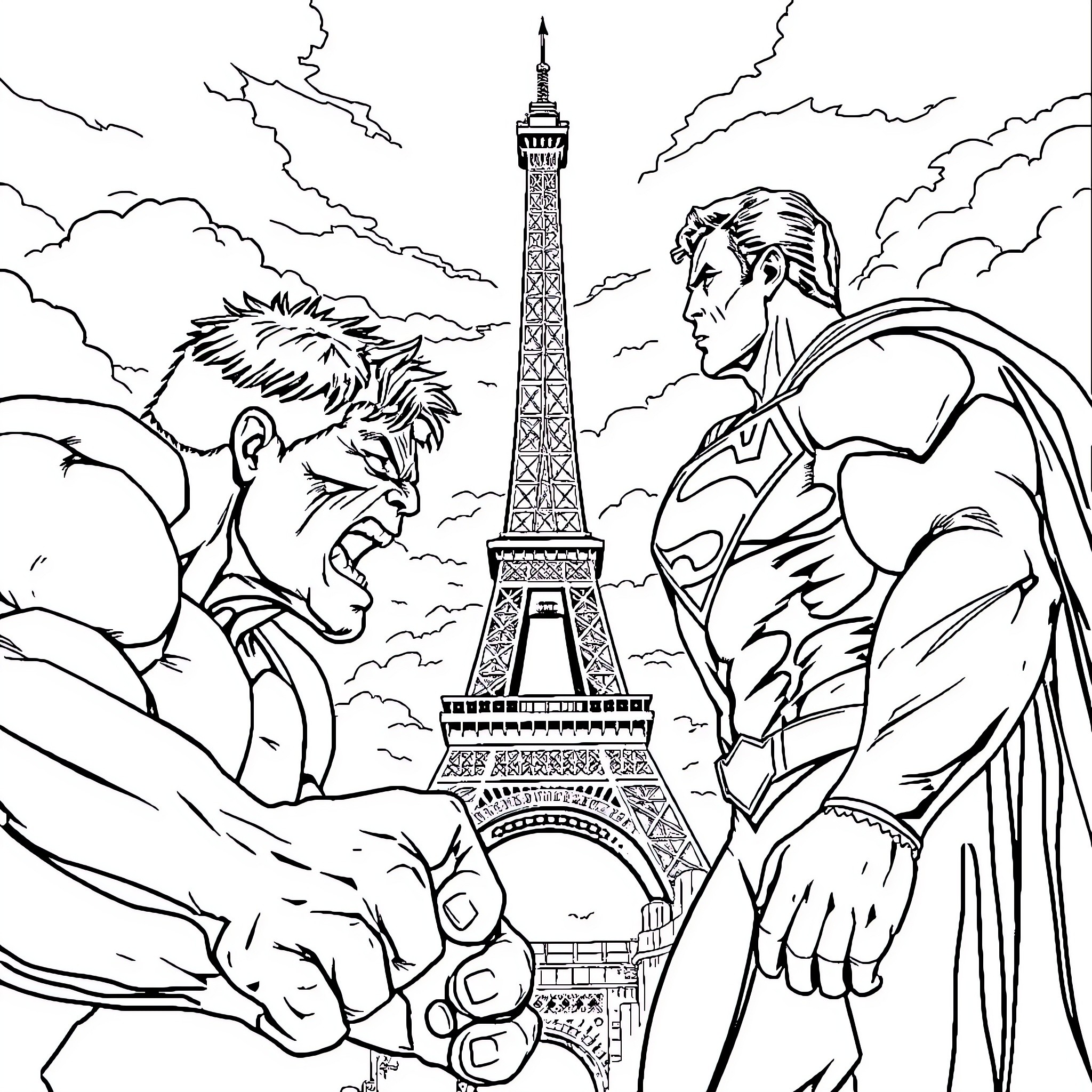Hulk and Hero Face Off in Paris Coloring Page (free black-and-white line drawing printable PDF for all, from beginners to advanced learners, including children, teens, adults, and seniors)