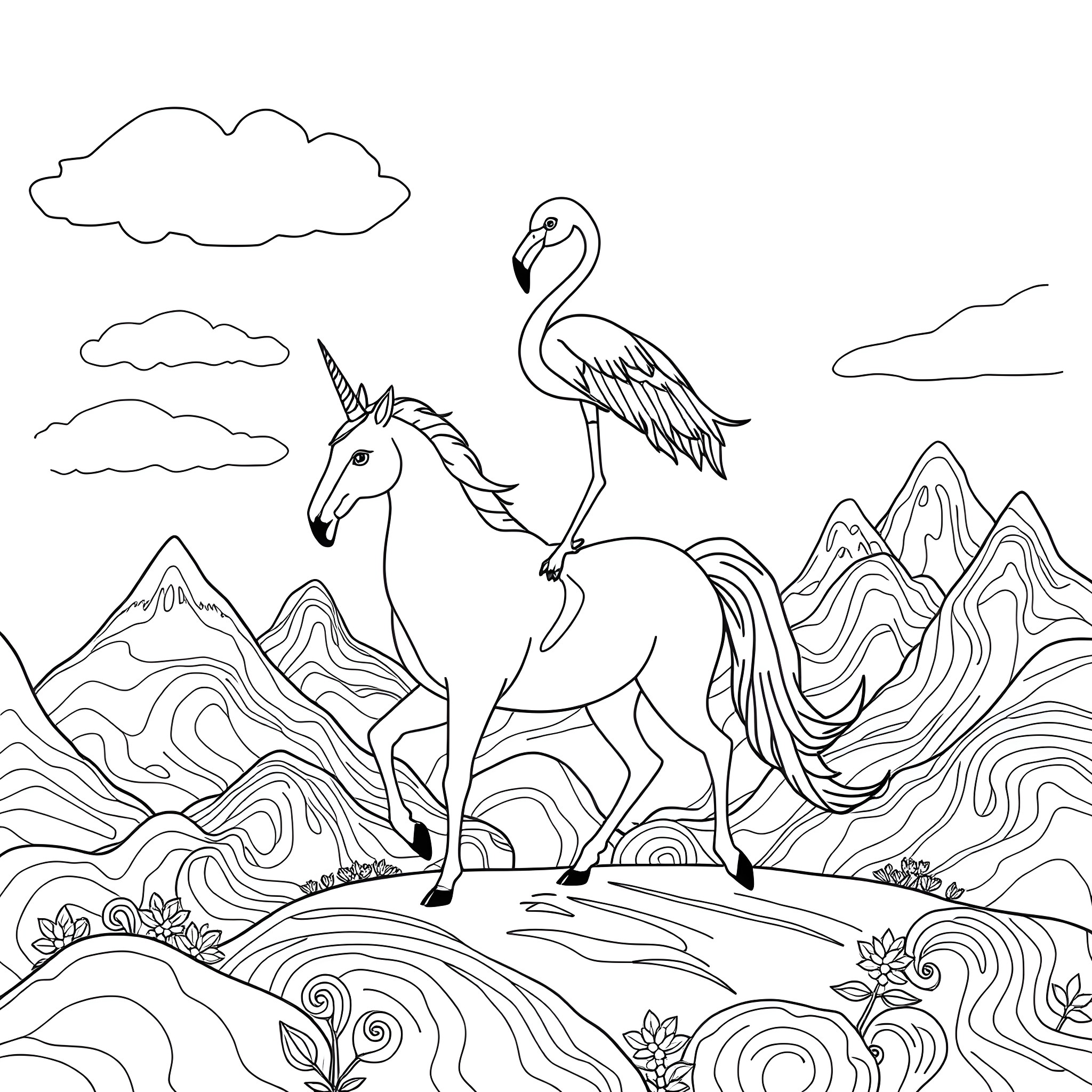 Flamingo and Unicorn in a Scenic Landscape Coloring Page (free black-and-white line drawing printable PDF for all, from beginners to advanced learners, including children, teens, adults, and seniors)