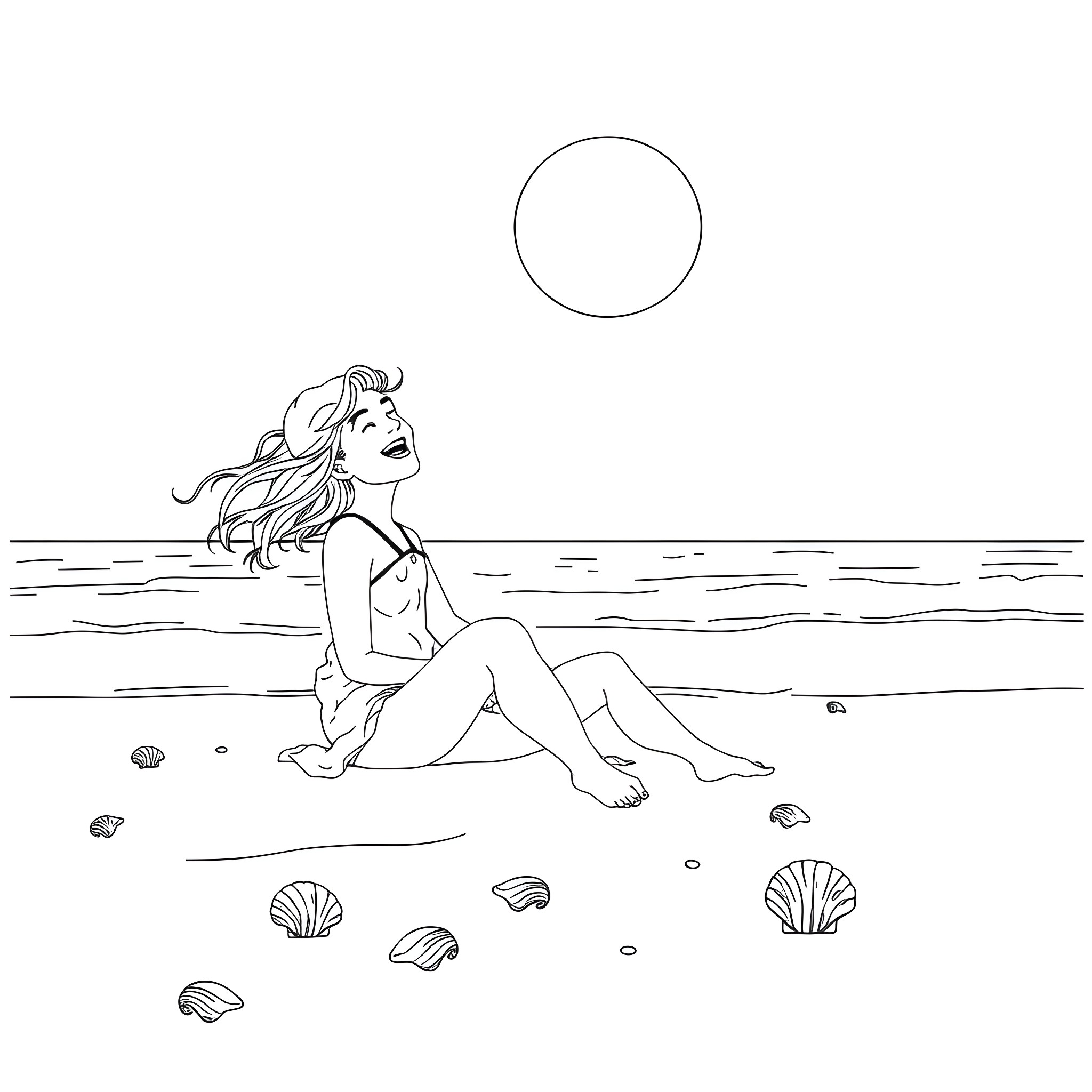 Girl relaxing on the beach Coloring Page (free black-and-white line drawing printable PDF for all, from beginners to advanced learners, including children, teens, adults, and seniors)