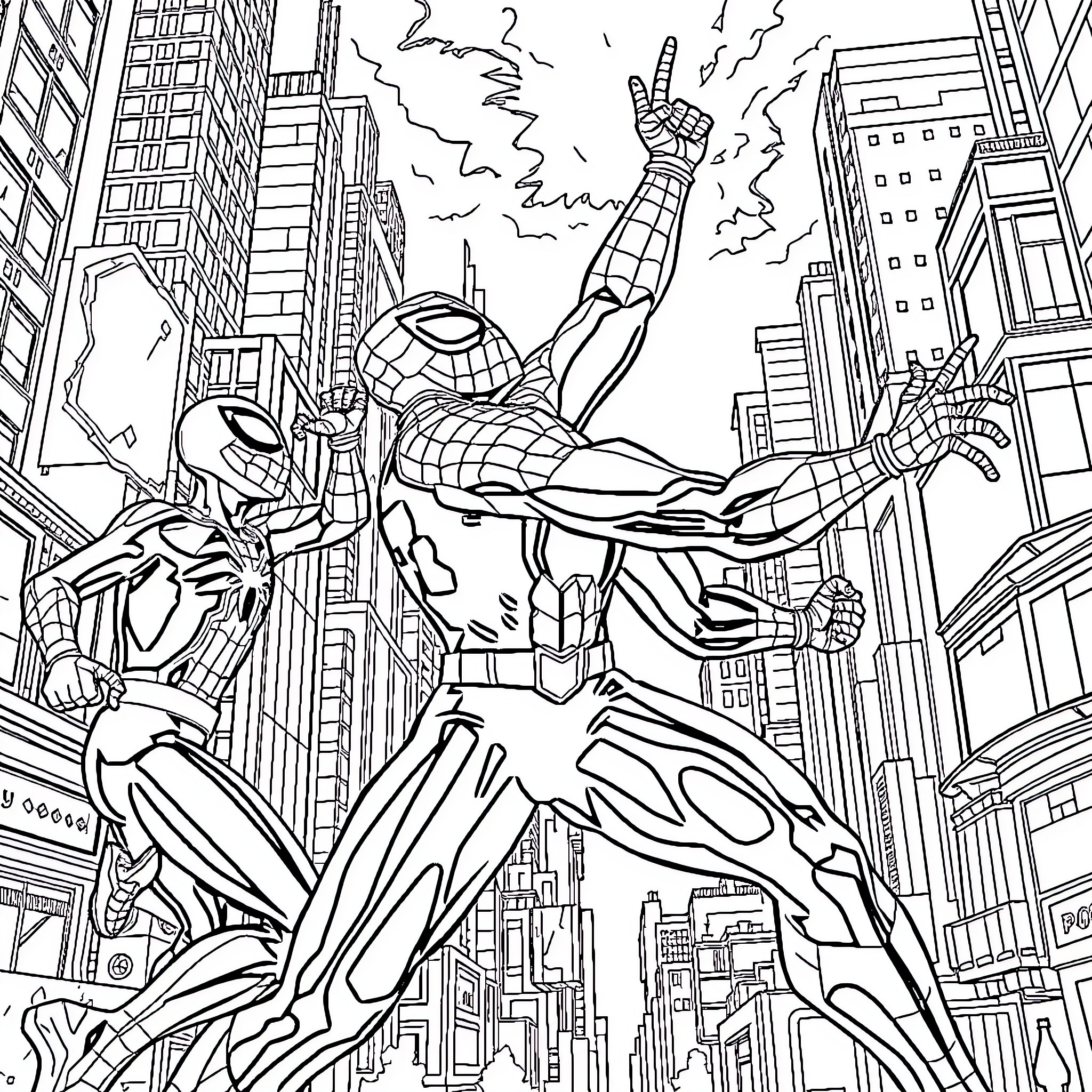 Spider-Man Swinging Through the City with Heroic Pose Coloring Page (free black-and-white line drawing printable PDF for all, from beginners to advanced learners, including children, teens, adults, and seniors)