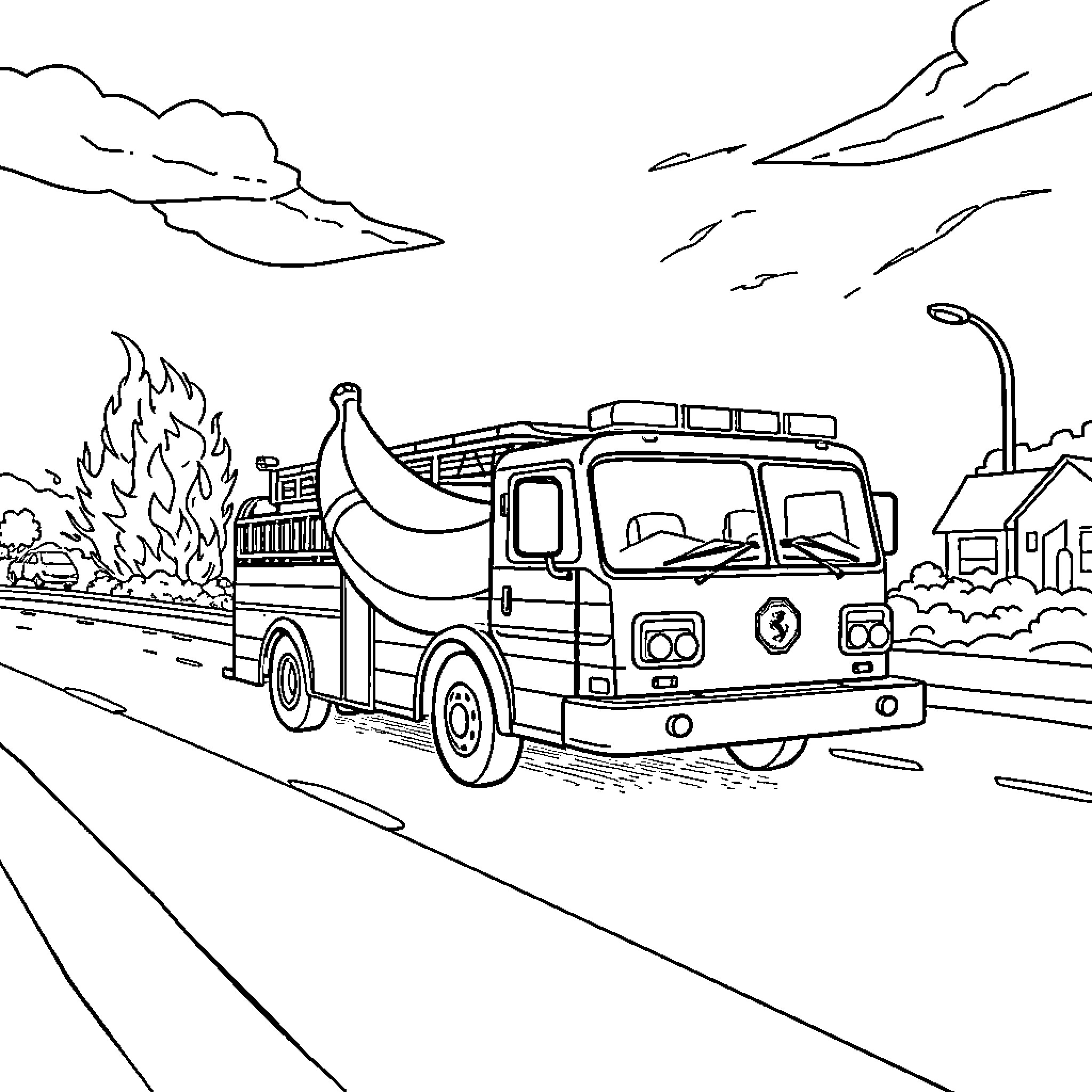 Banana-shaped fire truck rushing to emergency Coloring Page (free black-and-white line drawing printable PDF for all, from beginners to advanced learners, including children, teens, adults, and seniors)