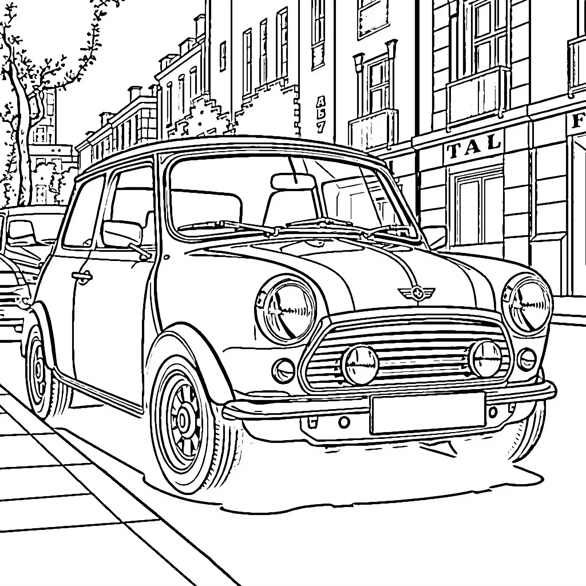 Mini Cooper parked on a city street Coloring Page (free black-and-white line drawing printable PDF for all, from beginners to advanced learners, including children, teens, adults, and seniors)