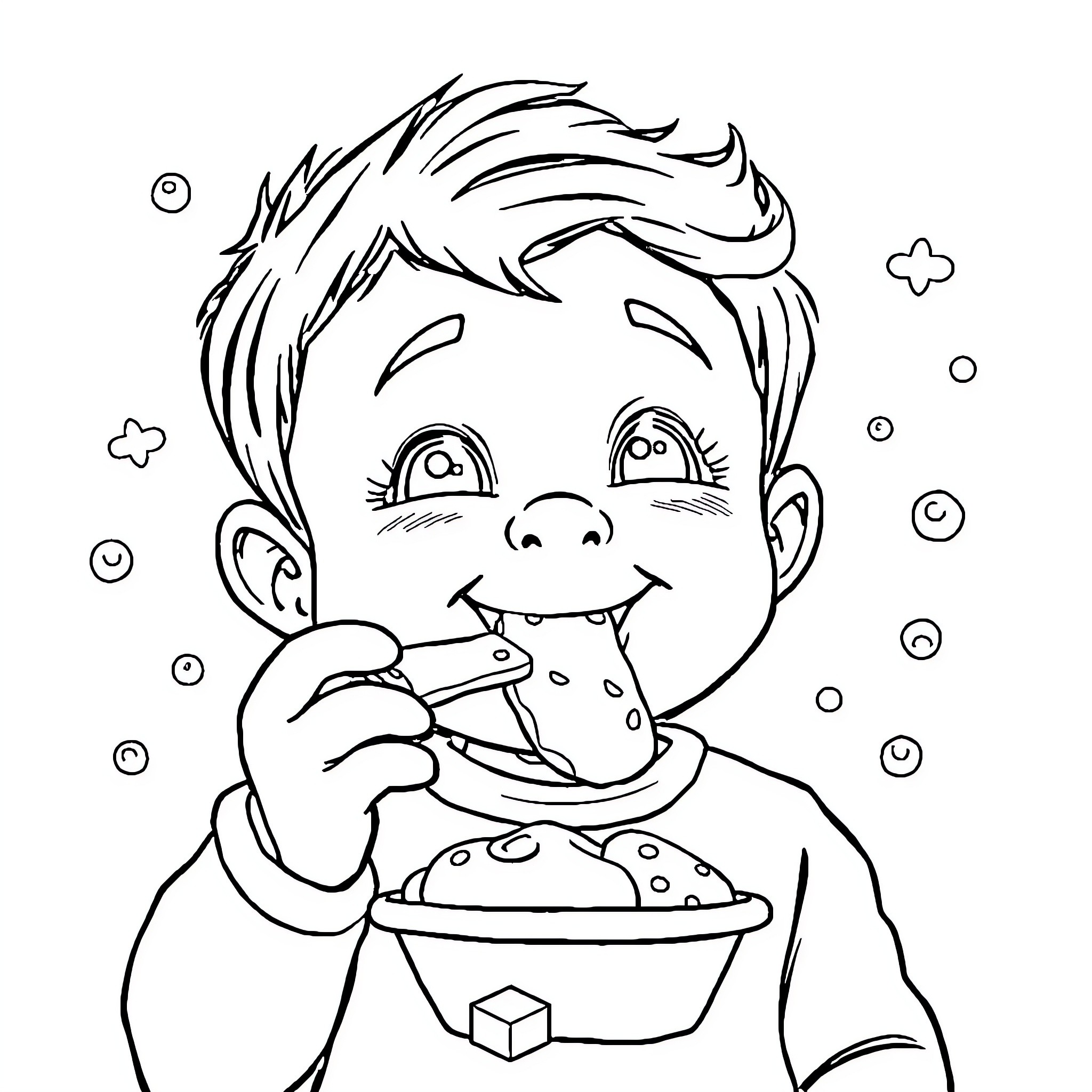 Niño enjoying a tasty meal Coloring Page (free black-and-white line drawing printable PDF for all, from beginners to advanced learners, including children, teens, adults, and seniors)