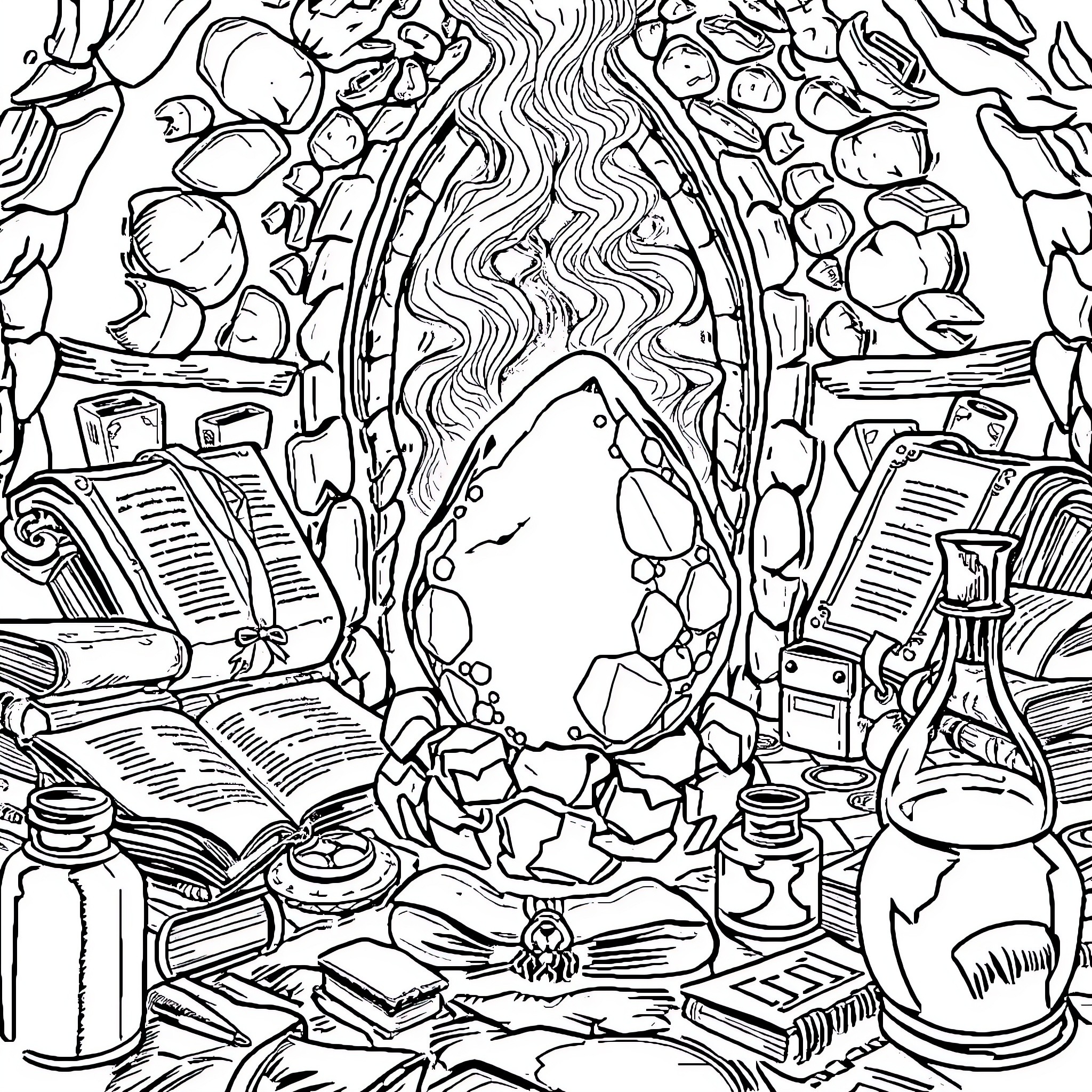Philosopher's Stone: Magical Artifacts and Knowledge Exploration Coloring Page (free black-and-white line drawing printable PDF for all, from beginners to advanced learners, including children, teens, adults, and seniors)