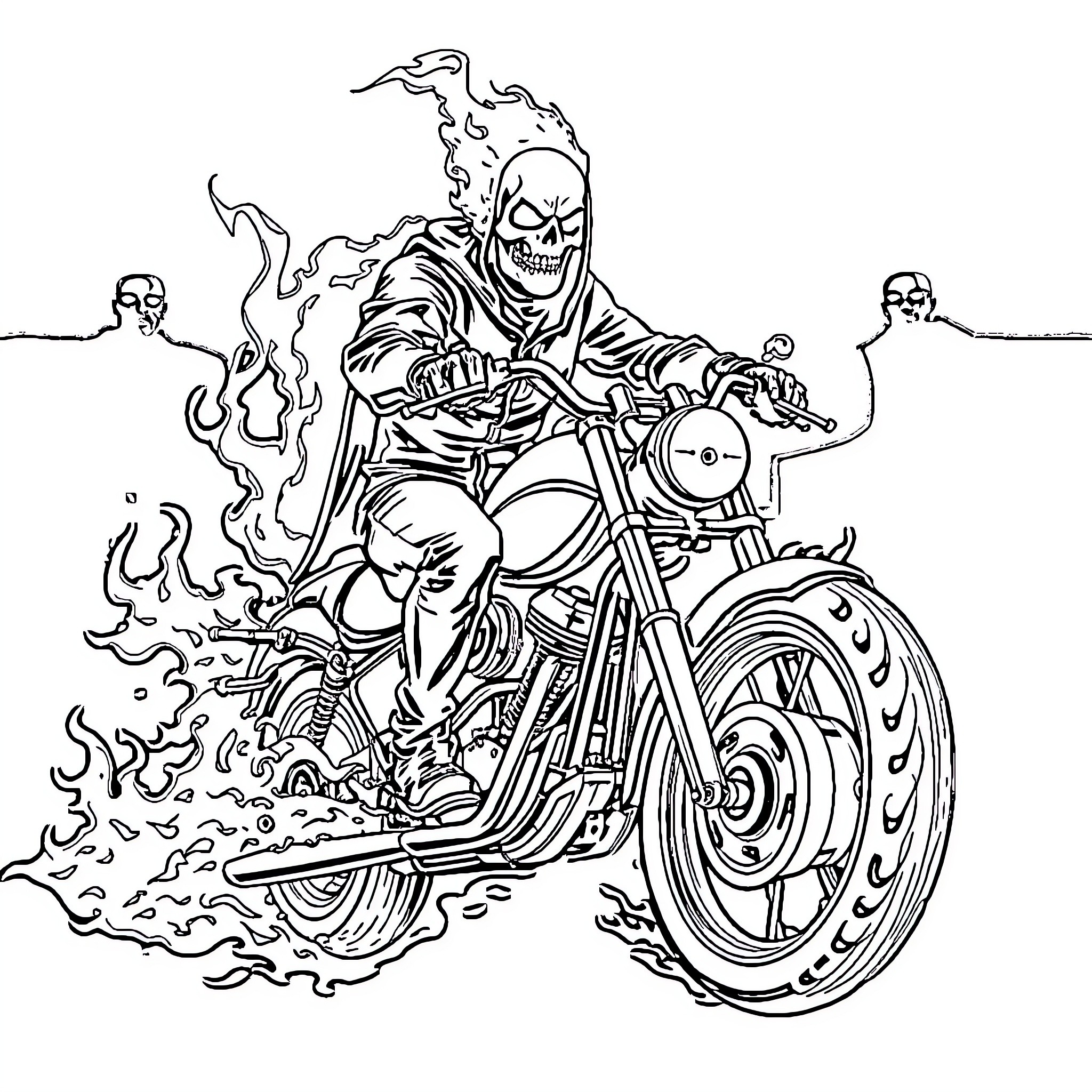 Ghost Rider Blazing Through on Motorcycle Coloring Page (free black-and-white line drawing printable PDF for all, from beginners to advanced learners, including children, teens, adults, and seniors)
