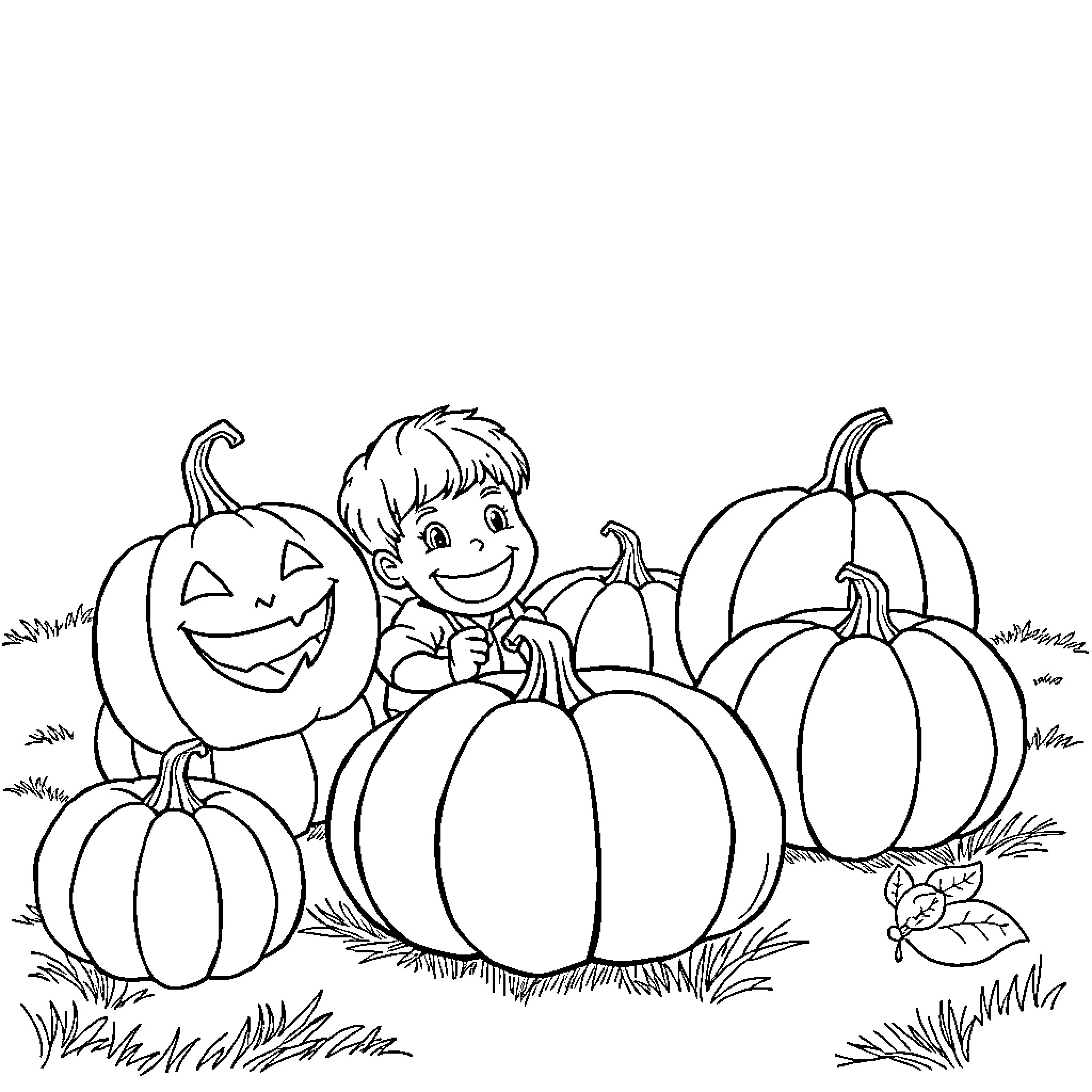 Pumpkin Patch with Happy Child and Carved Pumpkins Coloring Page (free black-and-white line drawing printable PDF for all, from beginners to advanced learners, including children, teens, adults, and seniors)