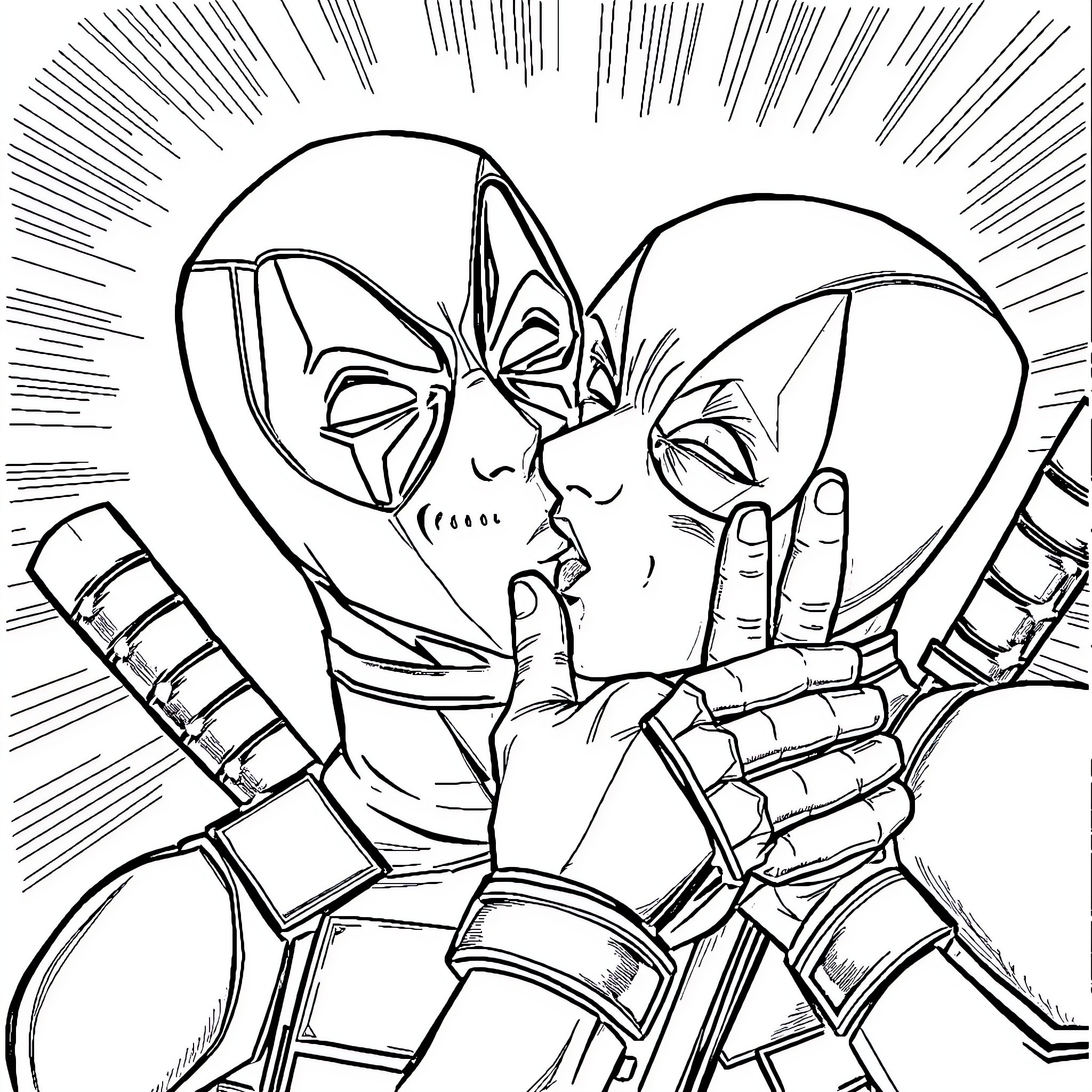 Deadpool engages in intense combat with enemy Coloring Page (free black-and-white line drawing printable PDF for all, from beginners to advanced learners, including children, teens, adults, and seniors)