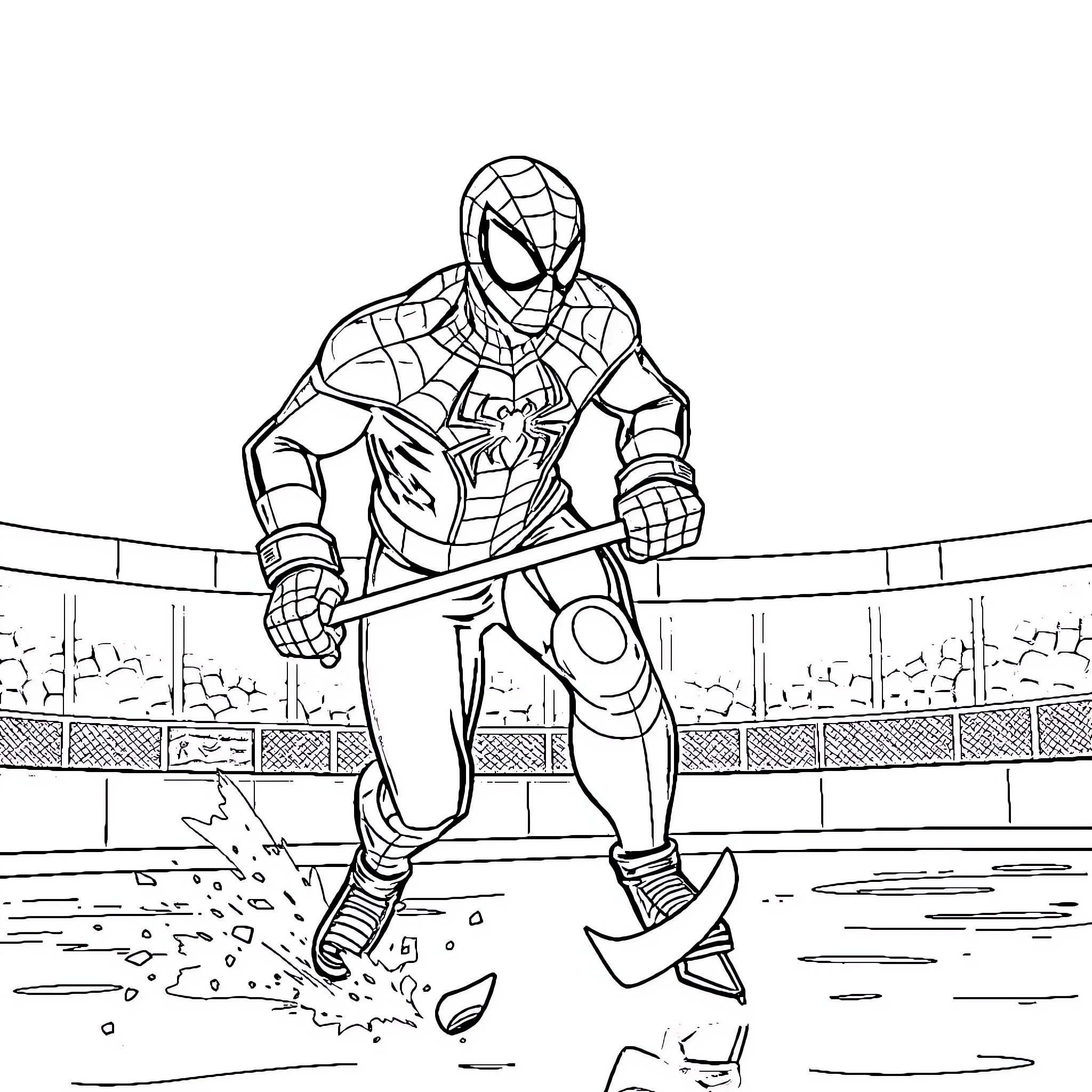 Spider-Man swinging into action on a sports arena Coloring Page (free black-and-white line drawing printable PDF for all, from beginners to advanced learners, including children, teens, adults, and seniors)