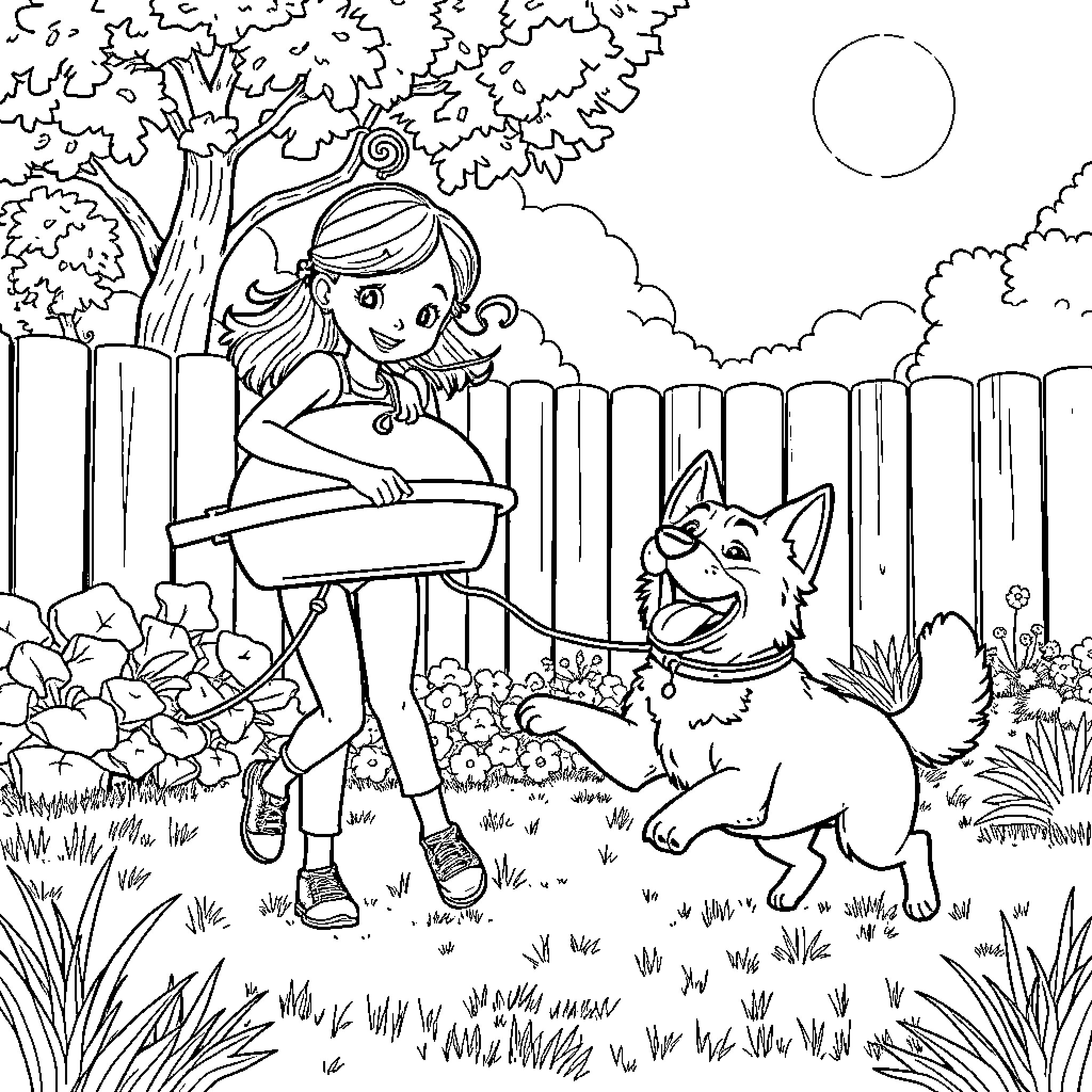 Grill Girl Playing with Friendly Dog in Backyard Coloring Page (free black-and-white line drawing printable PDF for all, from beginners to advanced learners, including children, teens, adults, and seniors)