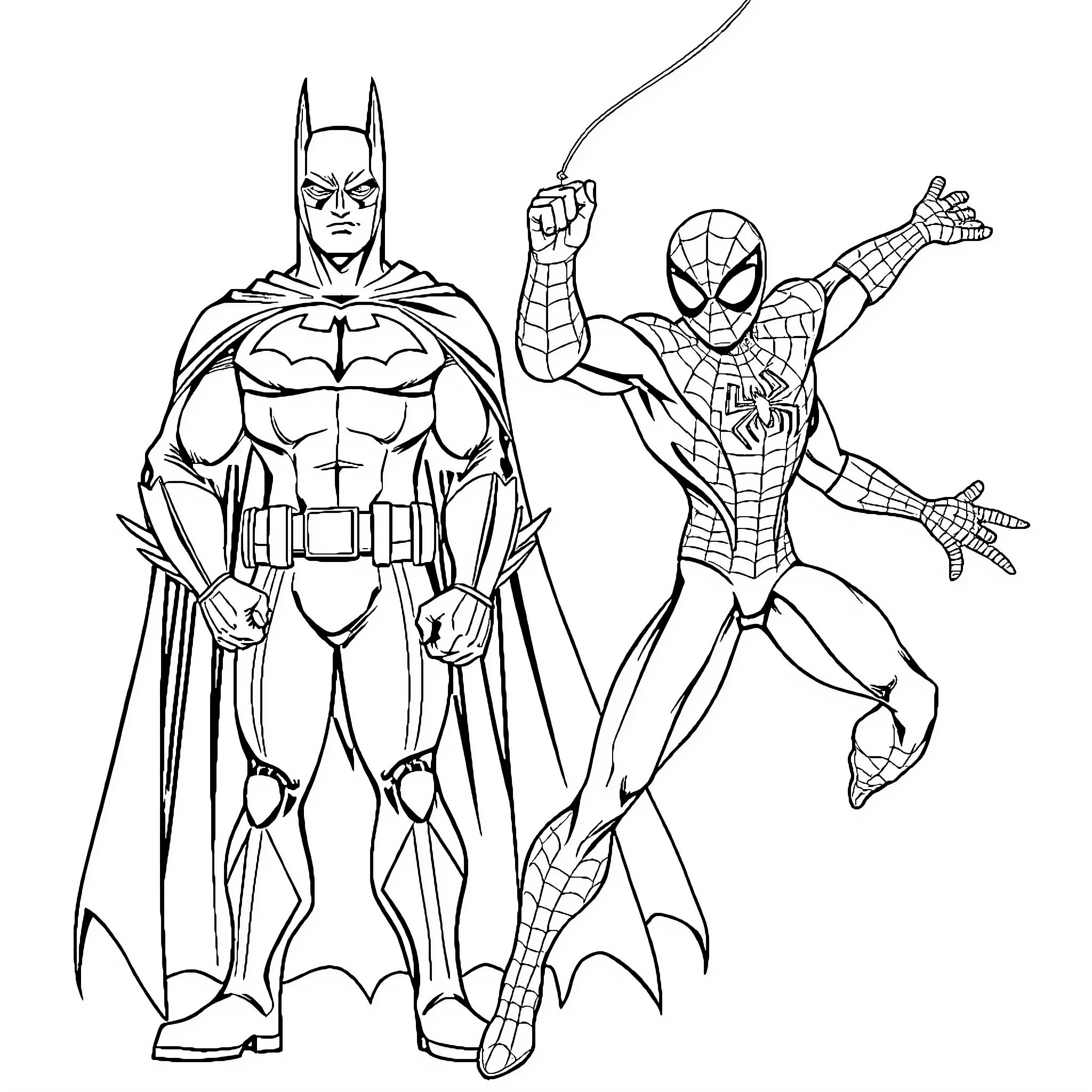 Batman and Spider-Man battling together Coloring Page (free black-and-white line drawing printable PDF for all, from beginners to advanced learners, including children, teens, adults, and seniors)