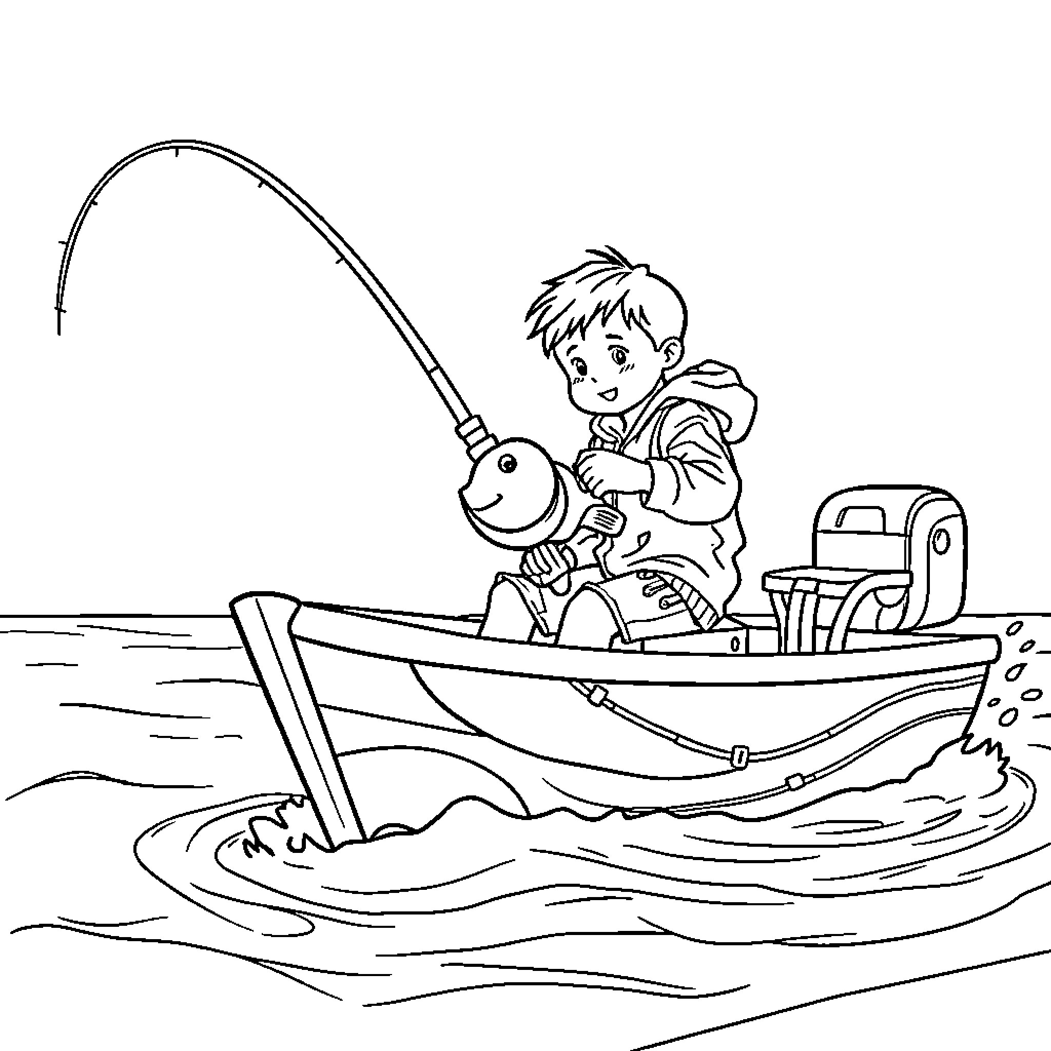 Boy Fishing with Tackle Box on a Boat Coloring Page (free black-and-white line drawing printable PDF for all, from beginners to advanced learners, including children, teens, adults, and seniors)