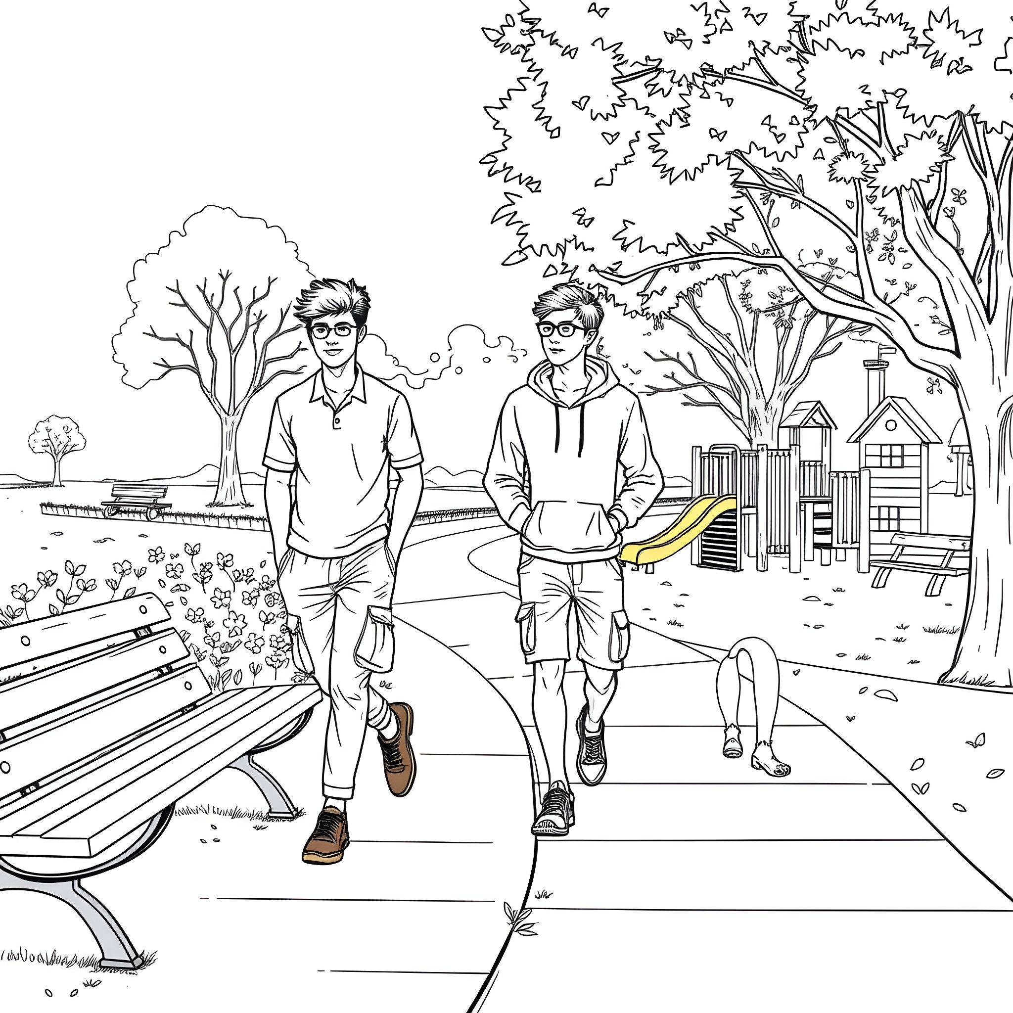 Teen Guys Hanging Out in the Park Coloring Page (free black-and-white line drawing printable PDF for all, from beginners to advanced learners, including children, teens, adults, and seniors)