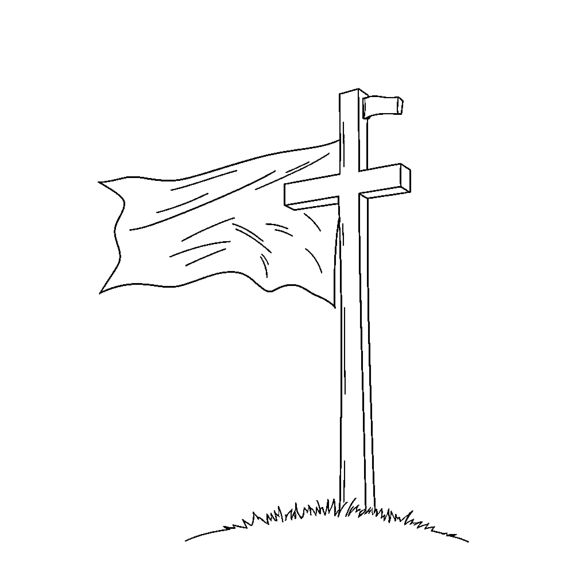 Cross with Waving Flag in Field Coloring Page (free black-and-white line drawing printable PDF for all, from beginners to advanced learners, including children, teens, adults, and seniors)