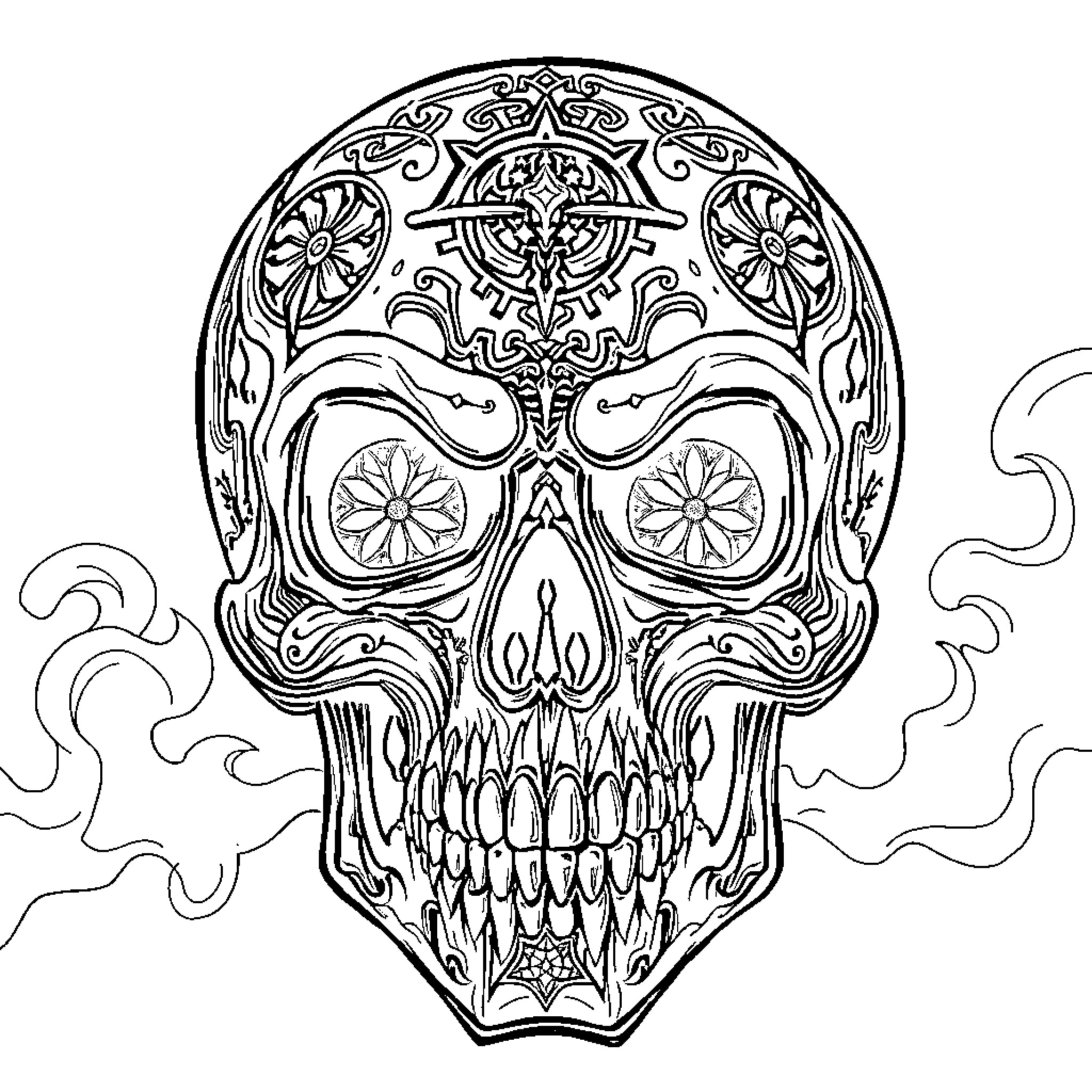 Skull with intricate tribal tattoo pattern Coloring Page (free black-and-white line drawing printable PDF for all, from beginners to advanced learners, including children, teens, adults, and seniors)