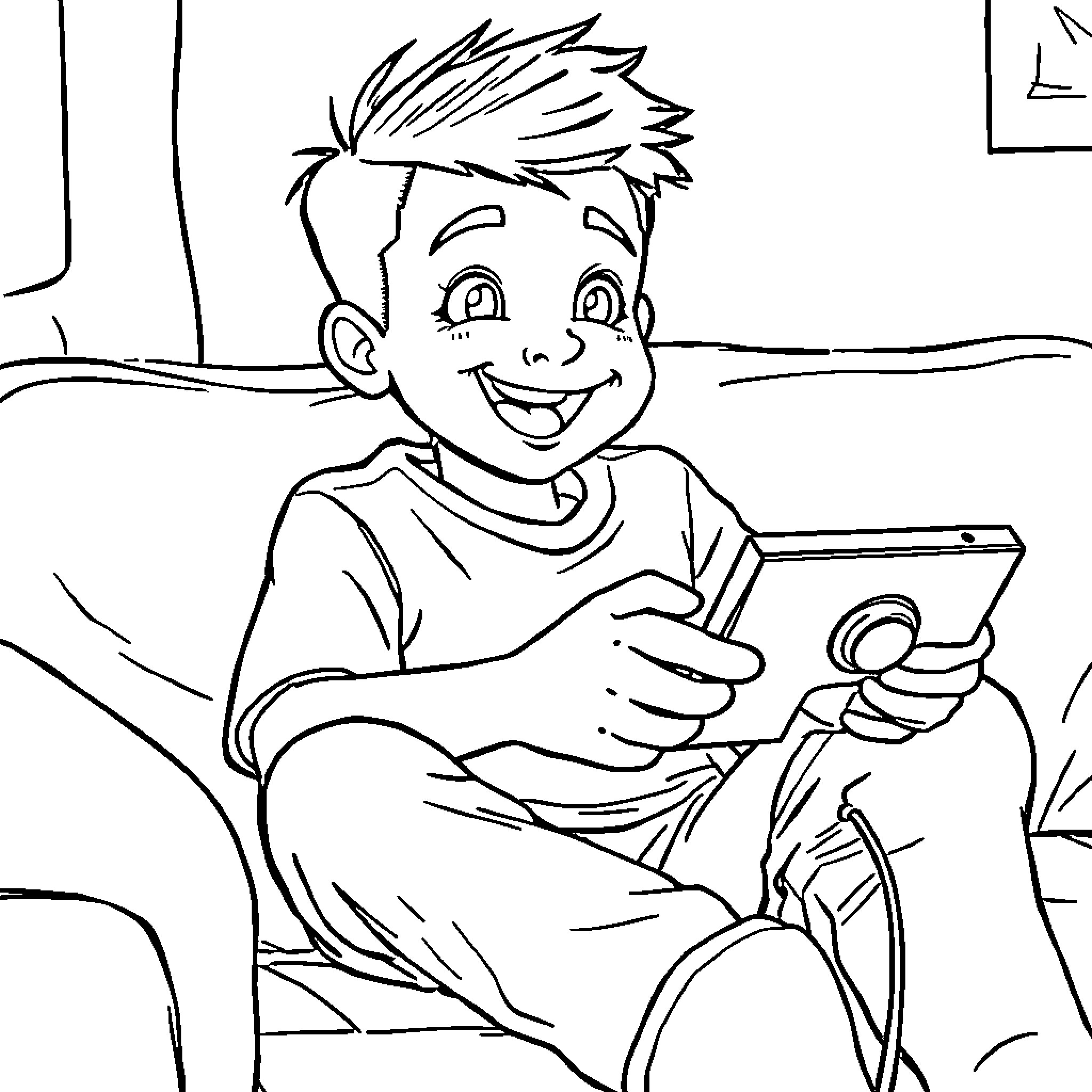 Boy playing video game happily at home Coloring Page (free black-and-white line drawing printable PDF for all, from beginners to advanced learners, including children, teens, adults, and seniors)