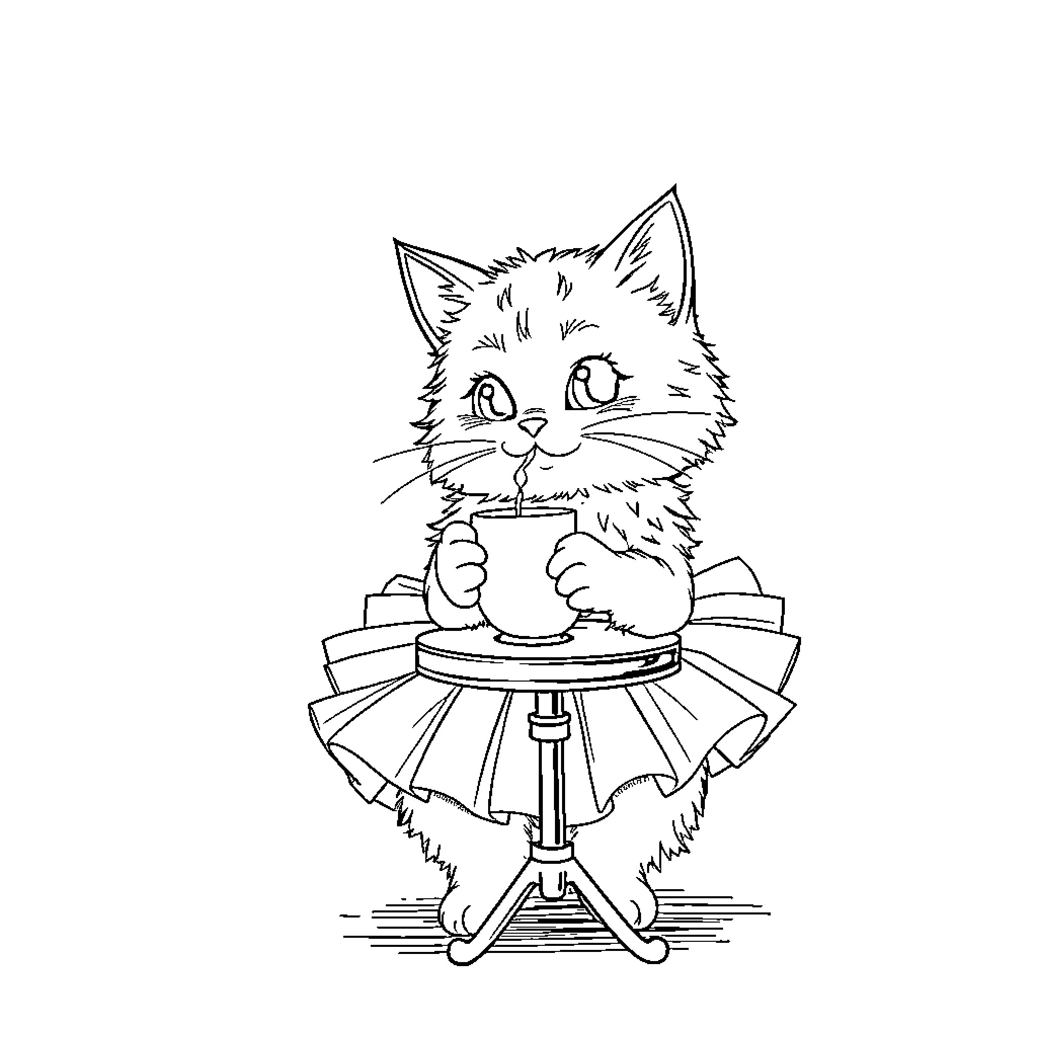 Cat dressed up and enjoying a cup of tea Coloring Page (free black-and-white line drawing printable PDF for all, from beginners to advanced learners, including children, teens, adults, and seniors)